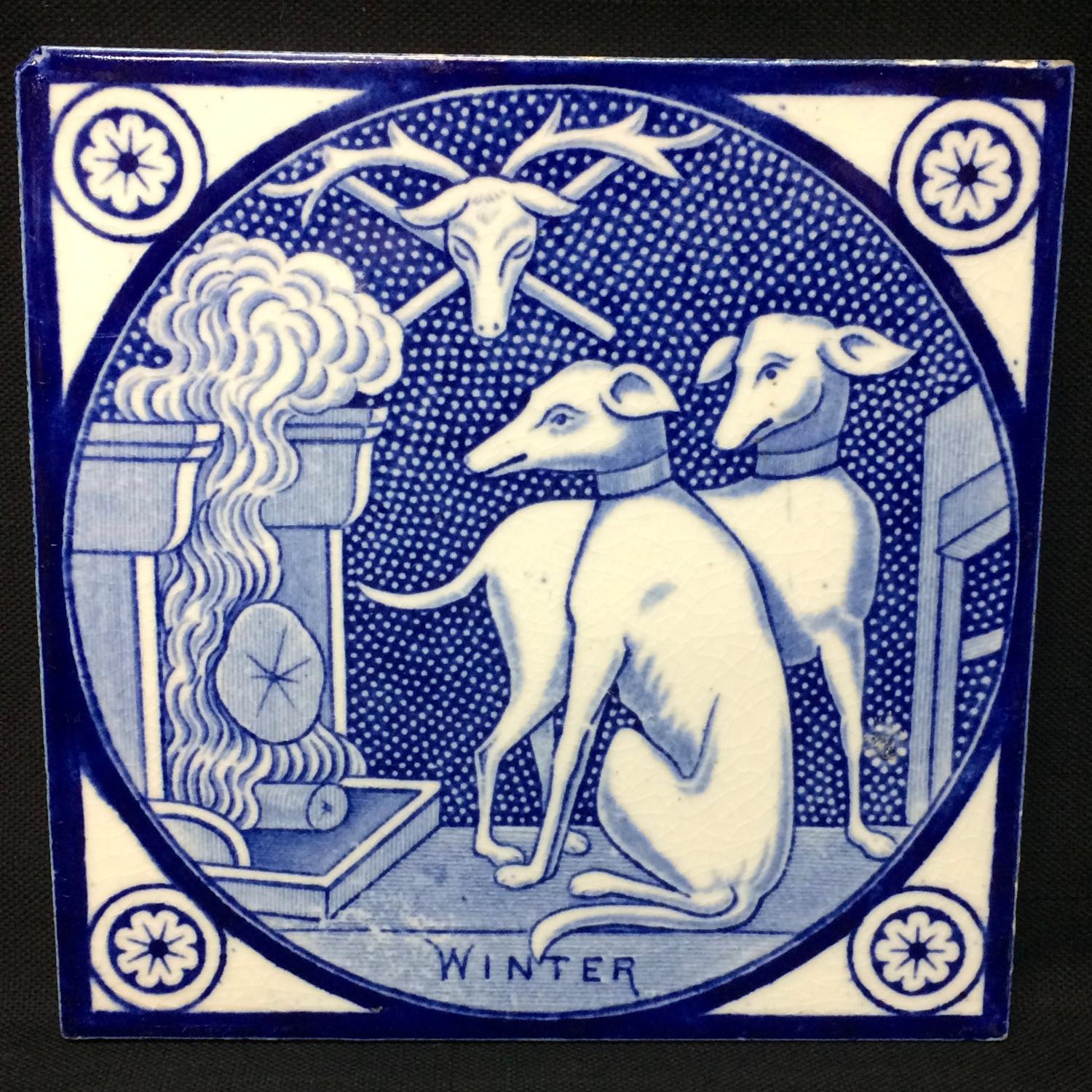 Antique Transfer Printed T & R Boote Tile ~ WINTER 1872 Dogs
