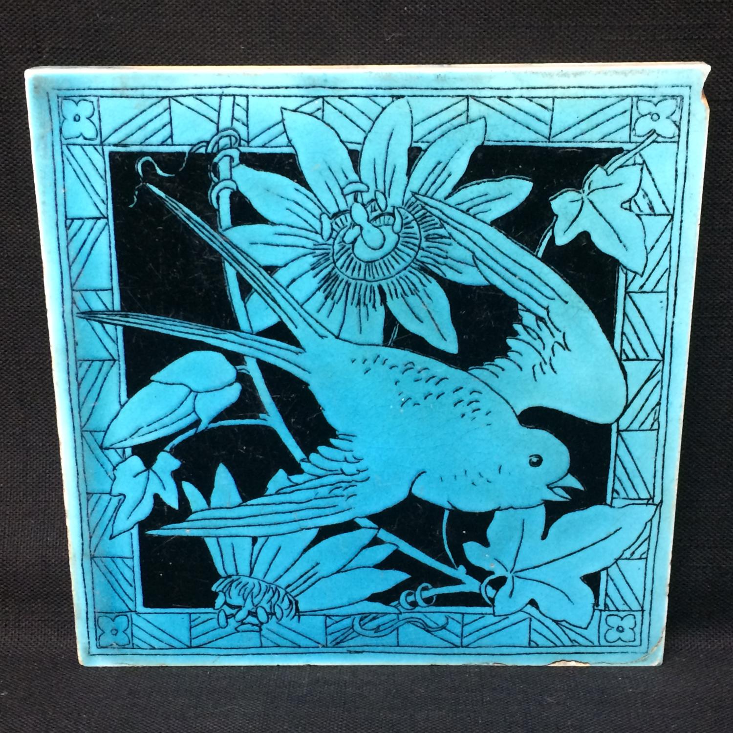 Turquoise Minton Black Transferware Tile ~ Passionflower 1885