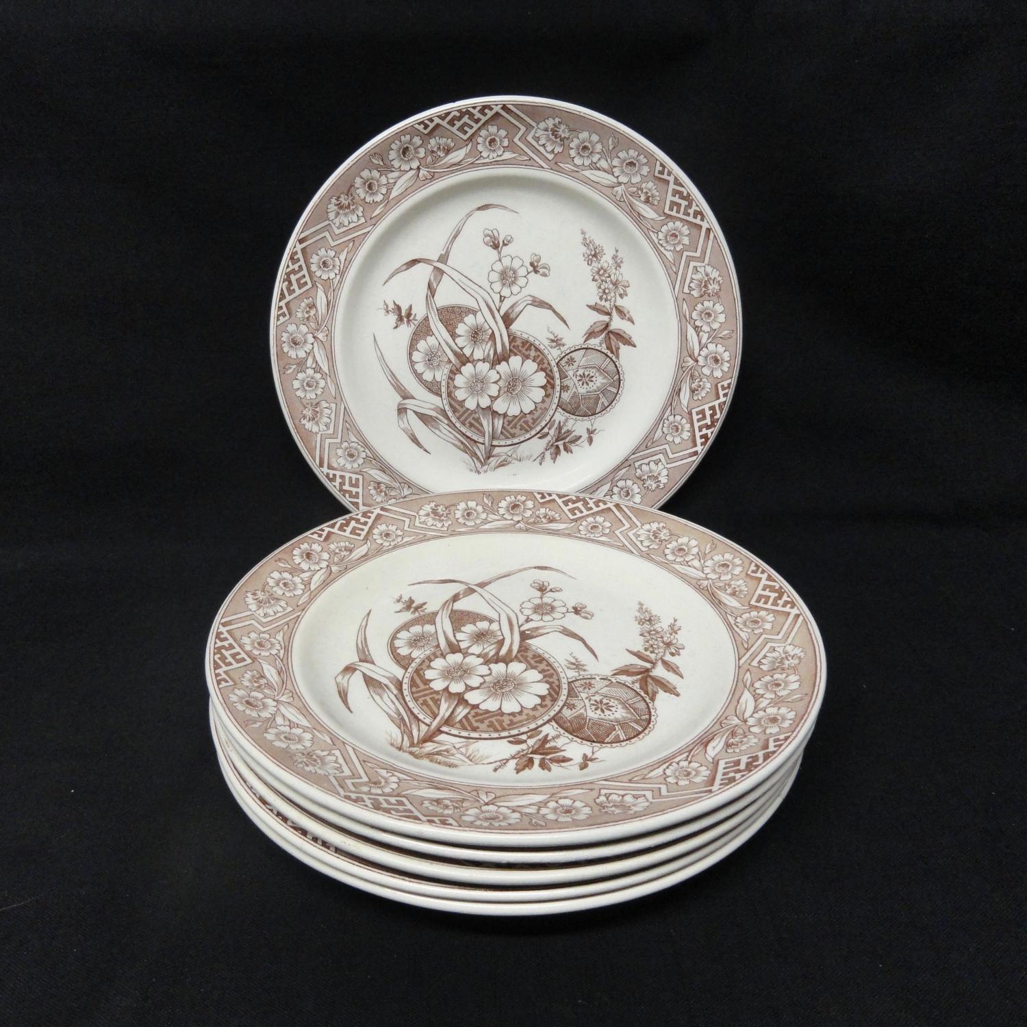 SIX Aesthetic Movement Brown Transferware Plates ~ FLORENCE 1882