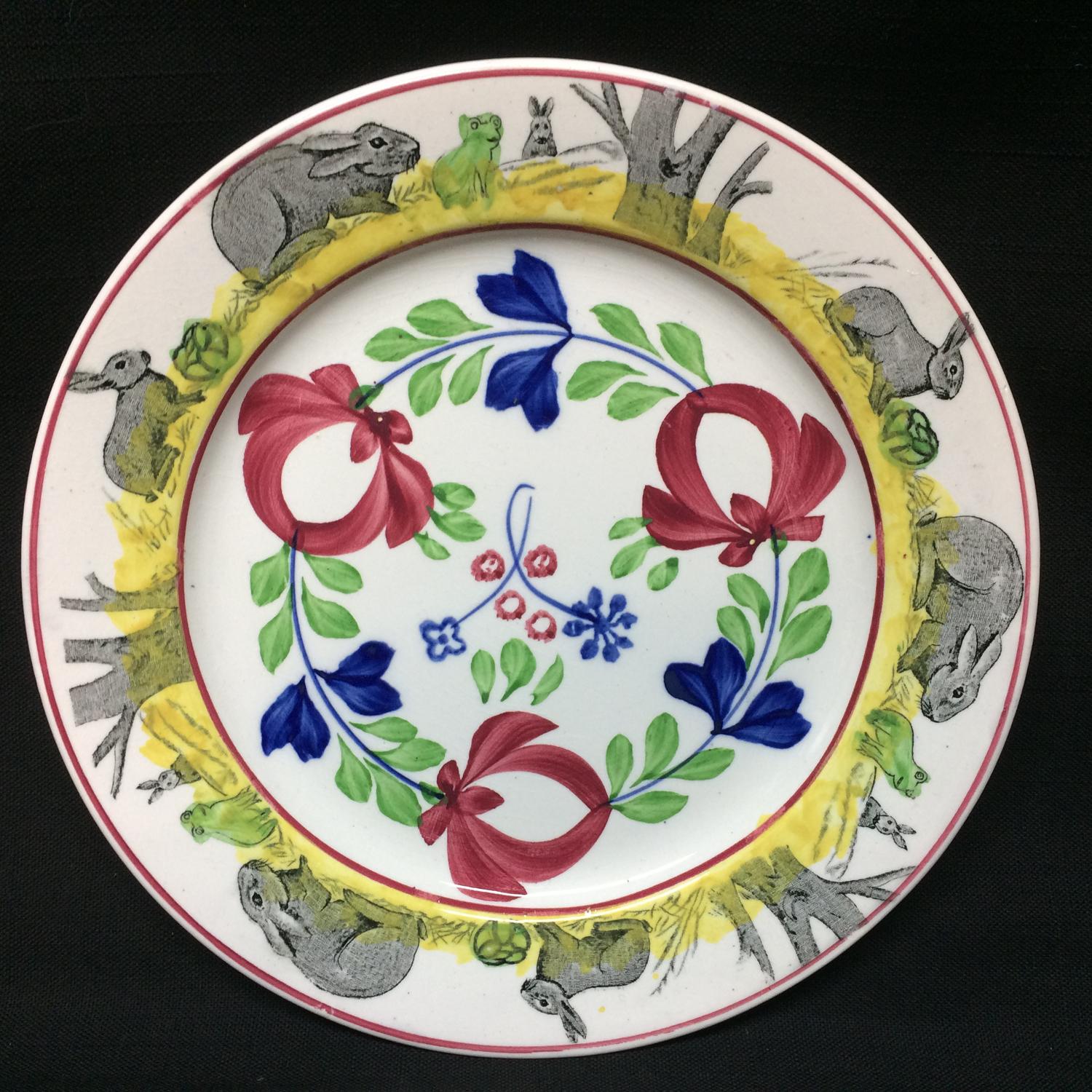 C 1900 ~ Stick Spatter Spongeware Rabbitware Plate ~ Adams Rose