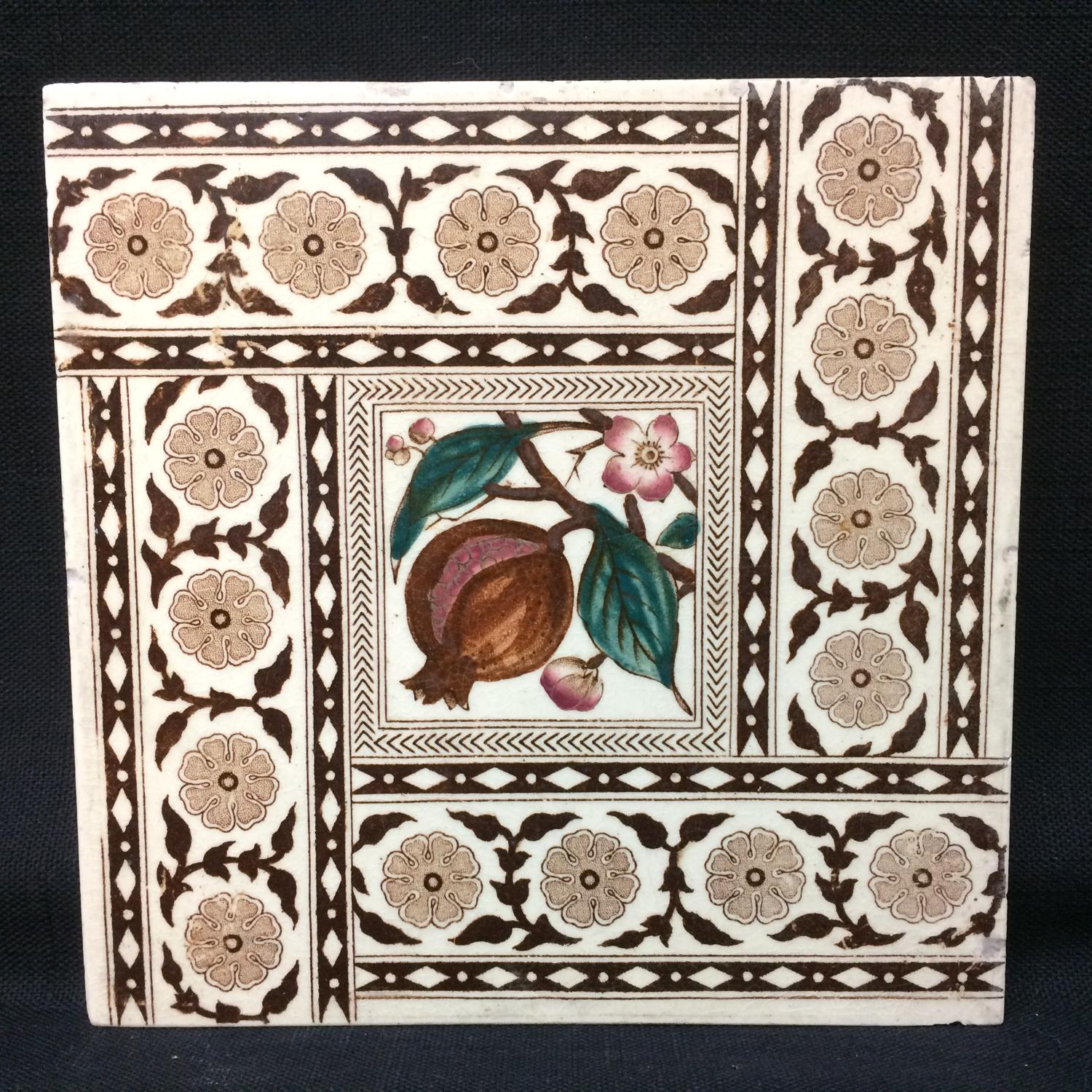 English Brown Transferware Tile ~ POMEGRANATES 1885
