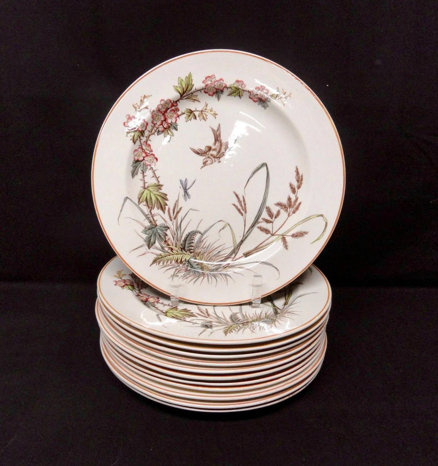 12 ~ Antique Hand Colored Transferware Plates ~ DRAGONFLY ~ 1883