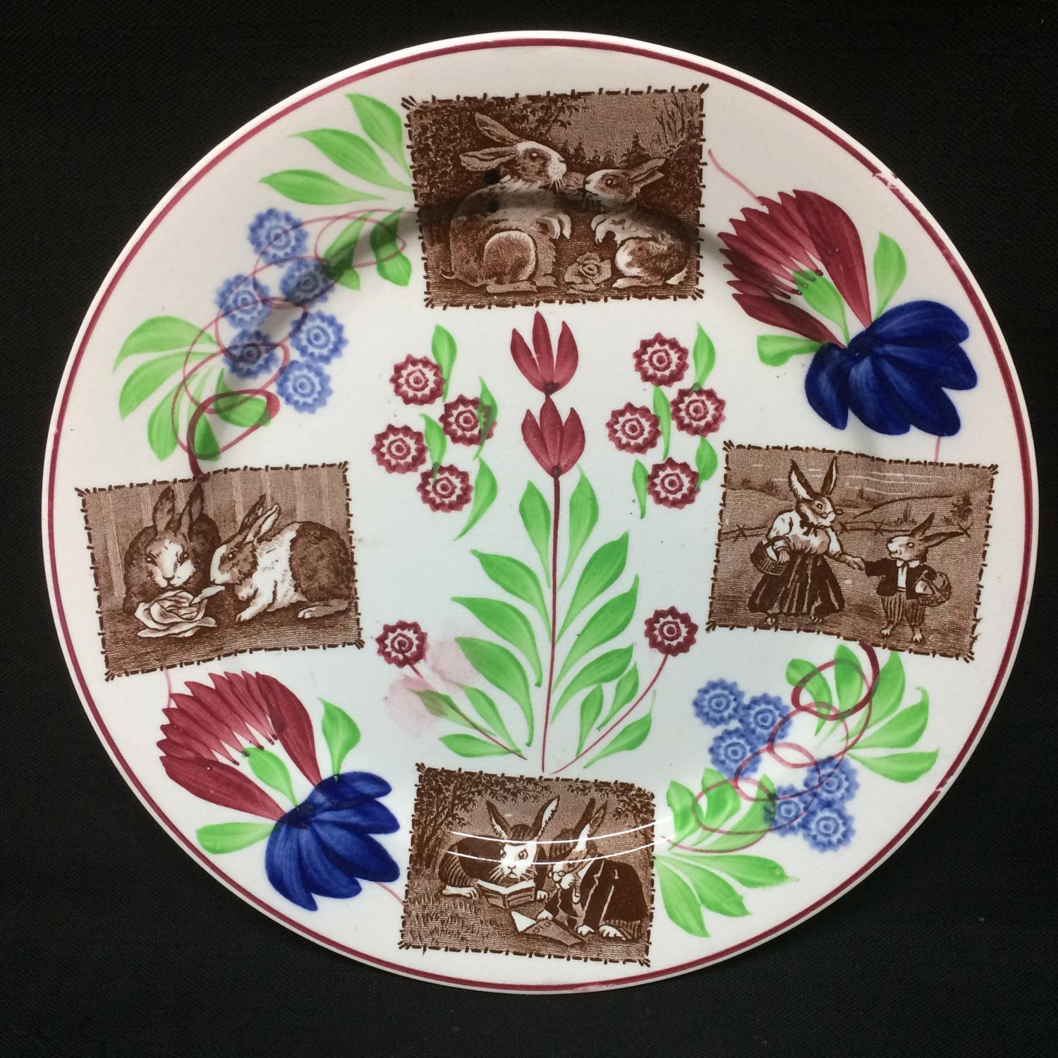 C 1900 ~ Stick Spatter Rabbitware Plate ~ Virginia Rose