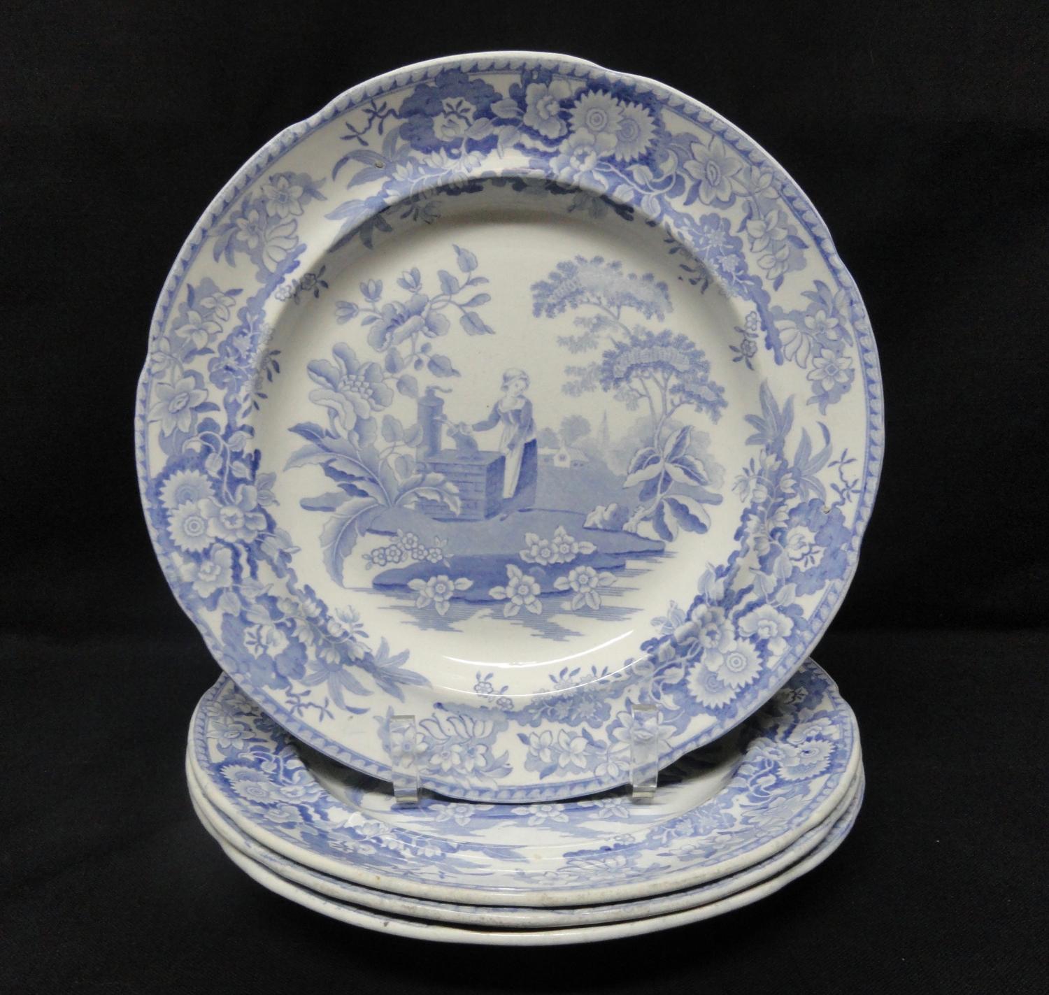4 ~ Pearlware Blue Transferware Plate ~ Girl at the Well ~ c1840