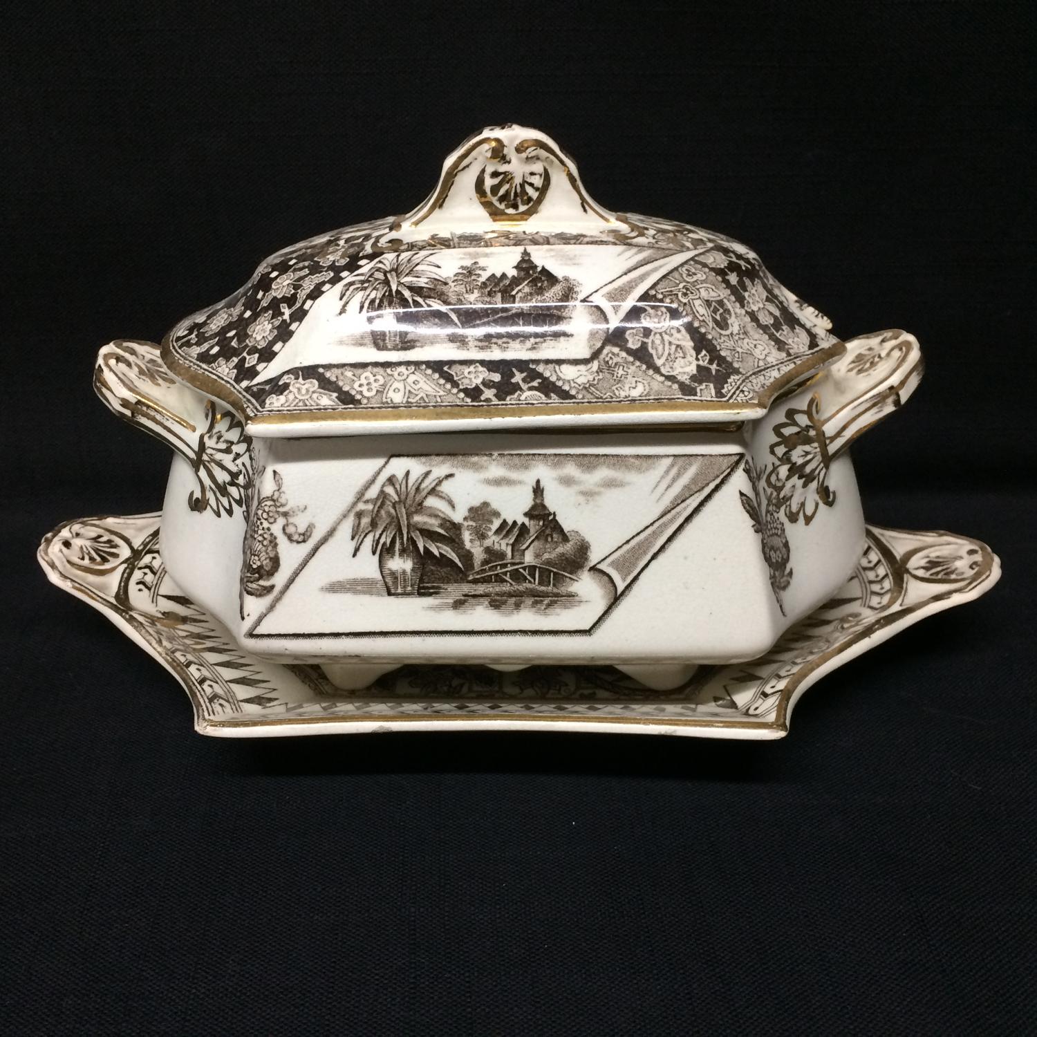 Brown Transferware Tureen & Platter ~ CANTERBURY 1883