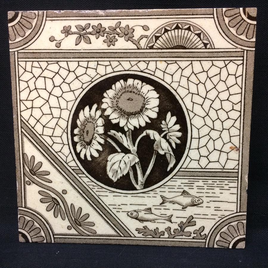 Victorian Aesthetic Movement Transferware Tile ~ Sunflower and Fish ~