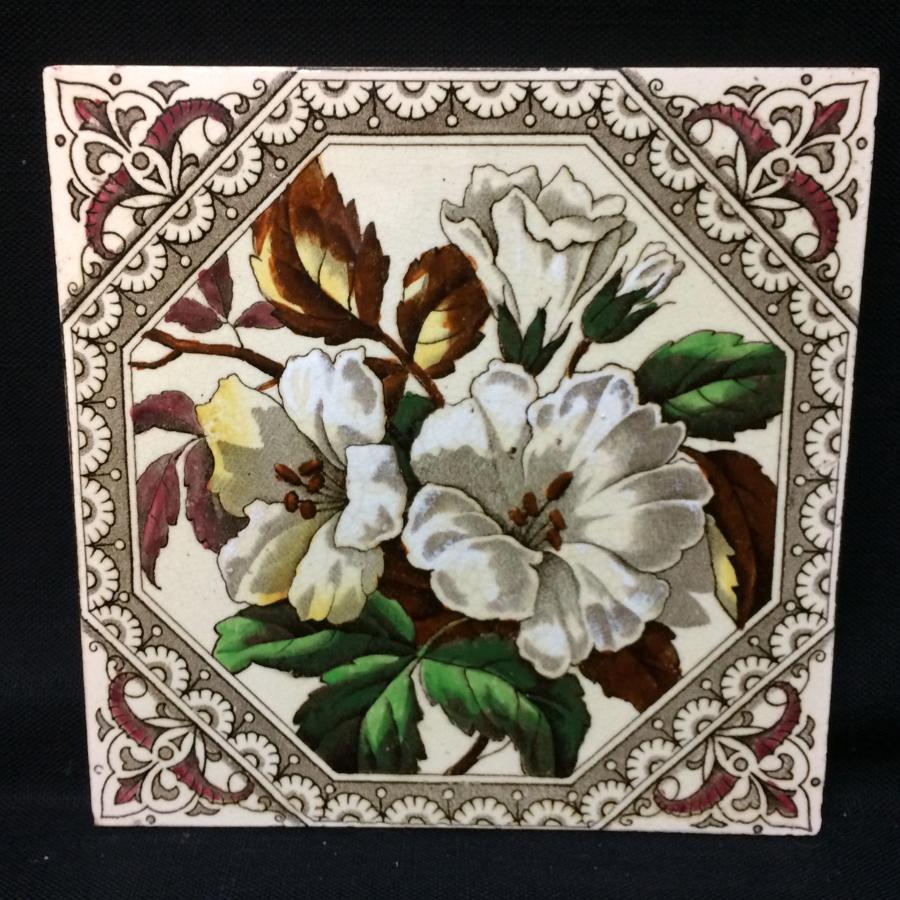 English Brown Transferware Tile ~ Earthy Flowers 1885