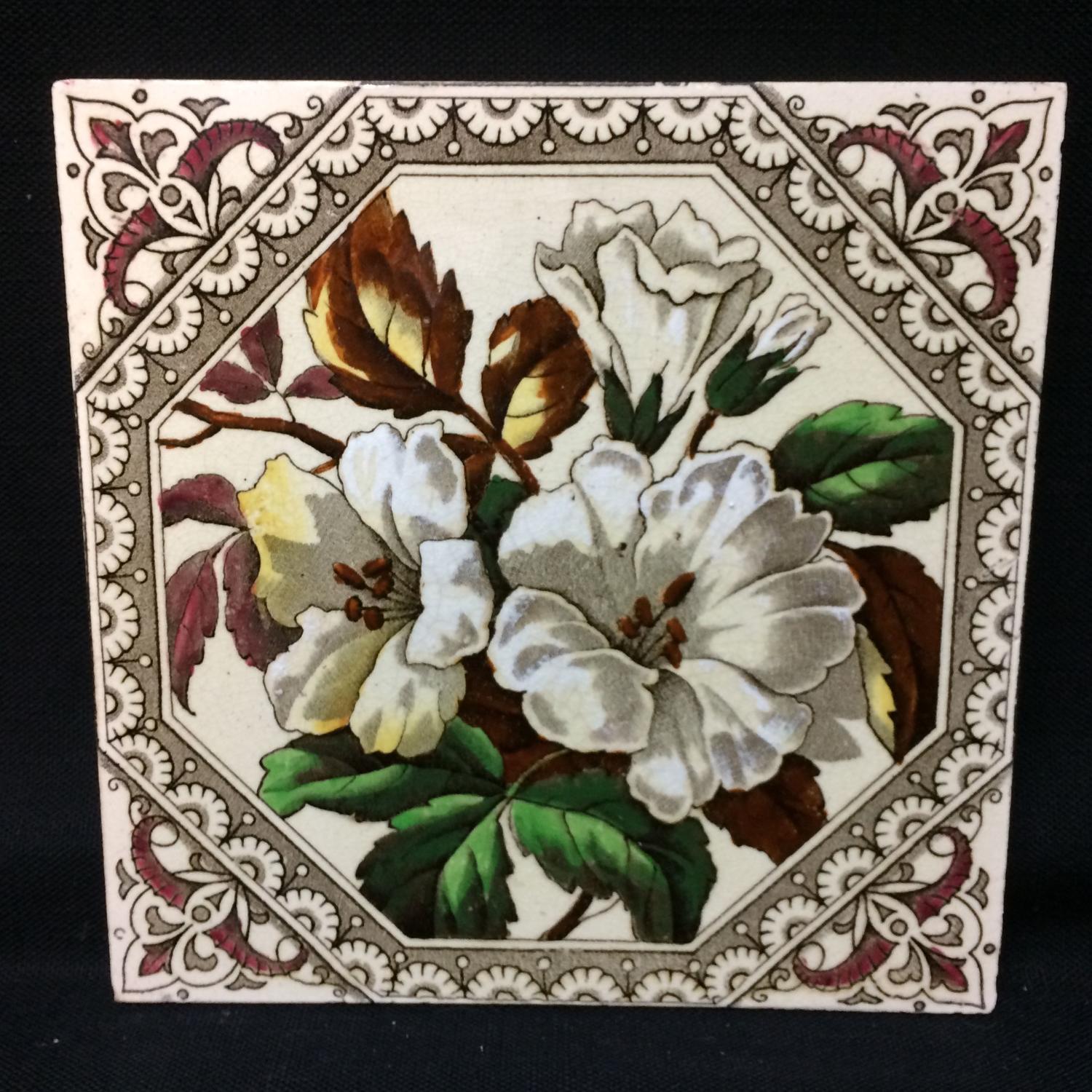 English Brown Transferware Tile ~ Earthy Flowers 1885
