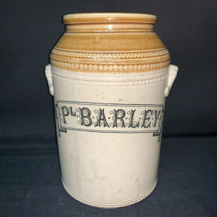 Edwardian Stonewear Storage Jar ~ PEARL BARLEY~ c 1890