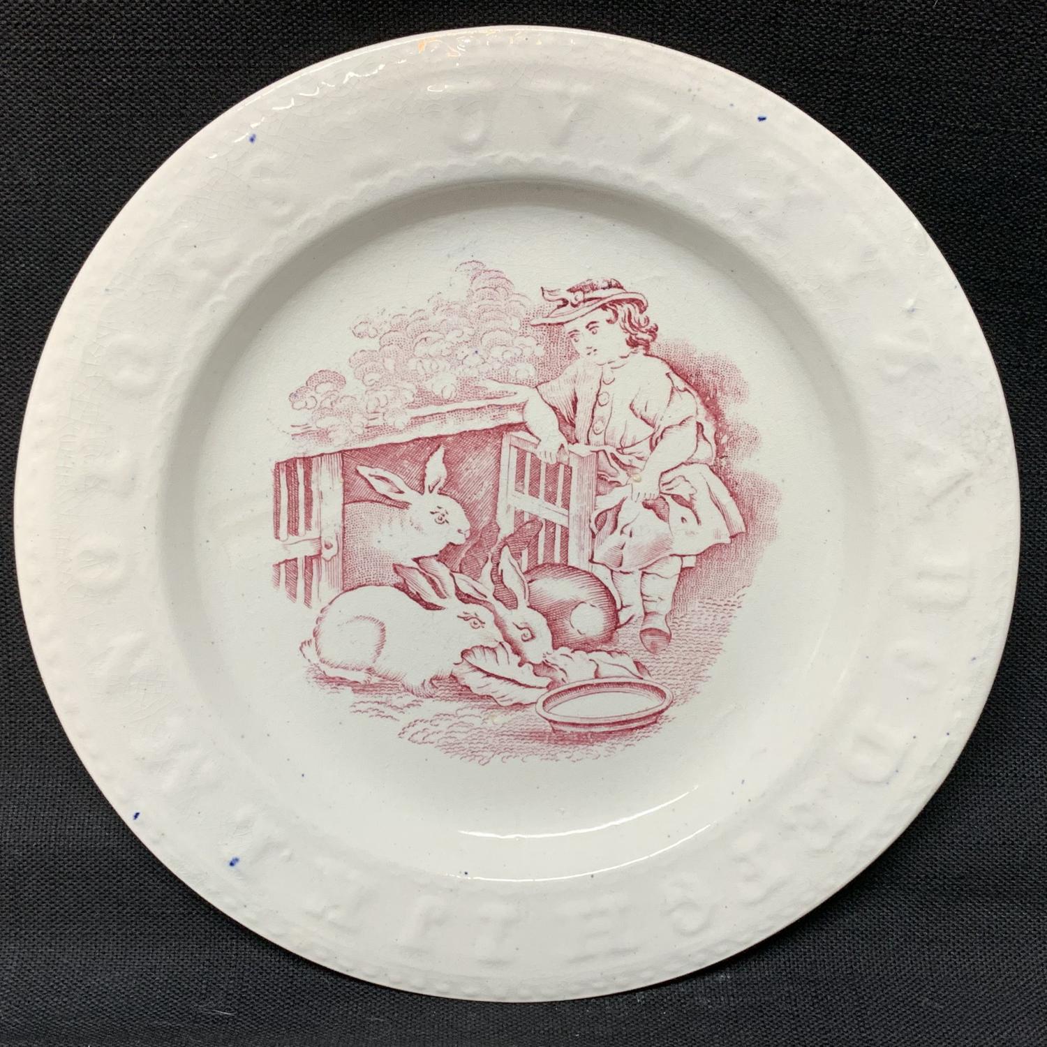 Red Pearlware ABC Plate ~ Feeding Rabbits 1850