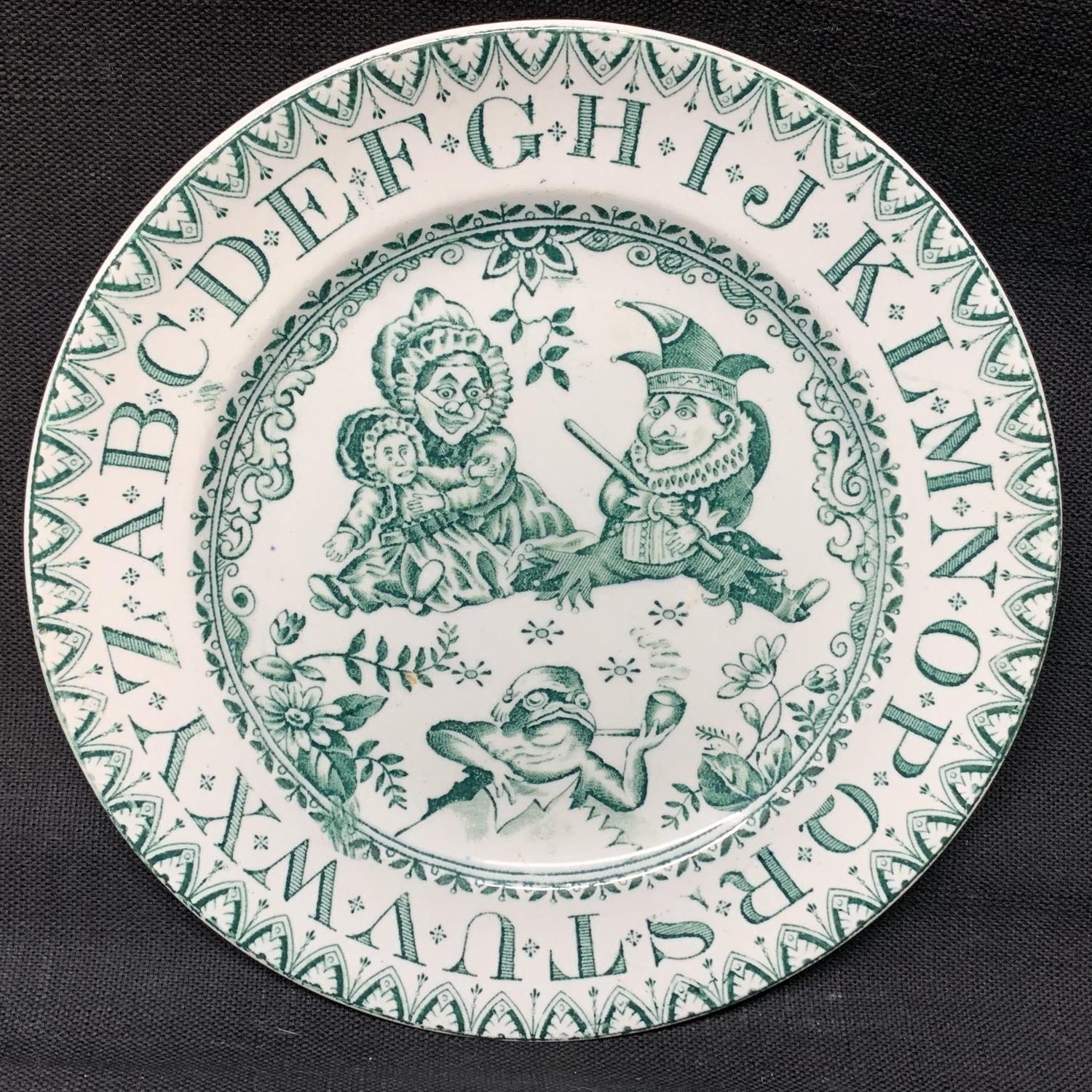 Antique Green ABC Plate ~ Punch and Judy Smoking Frog 1890