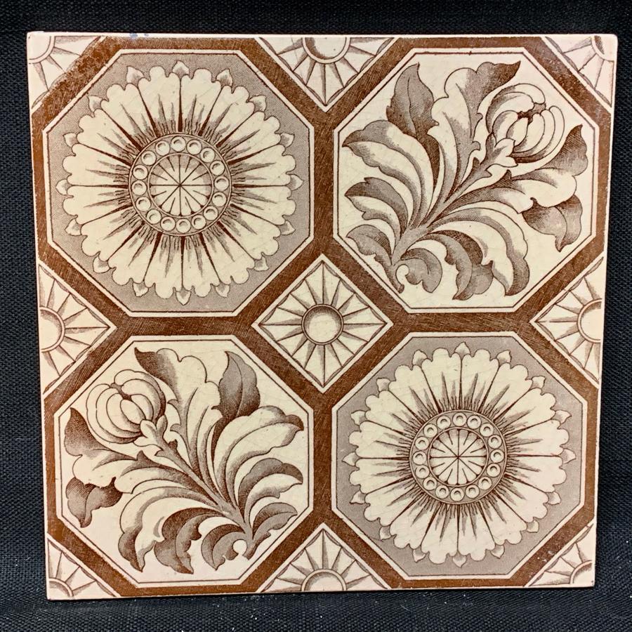 Aesthetic Transferware Tile ~ Chrysanthemum Buds ~ 1885
