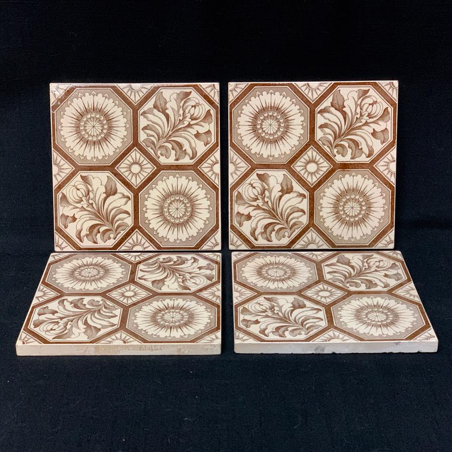 Four Aesthetic Transferware Tiles ~ Chrysanthemum Buds ~ 1885