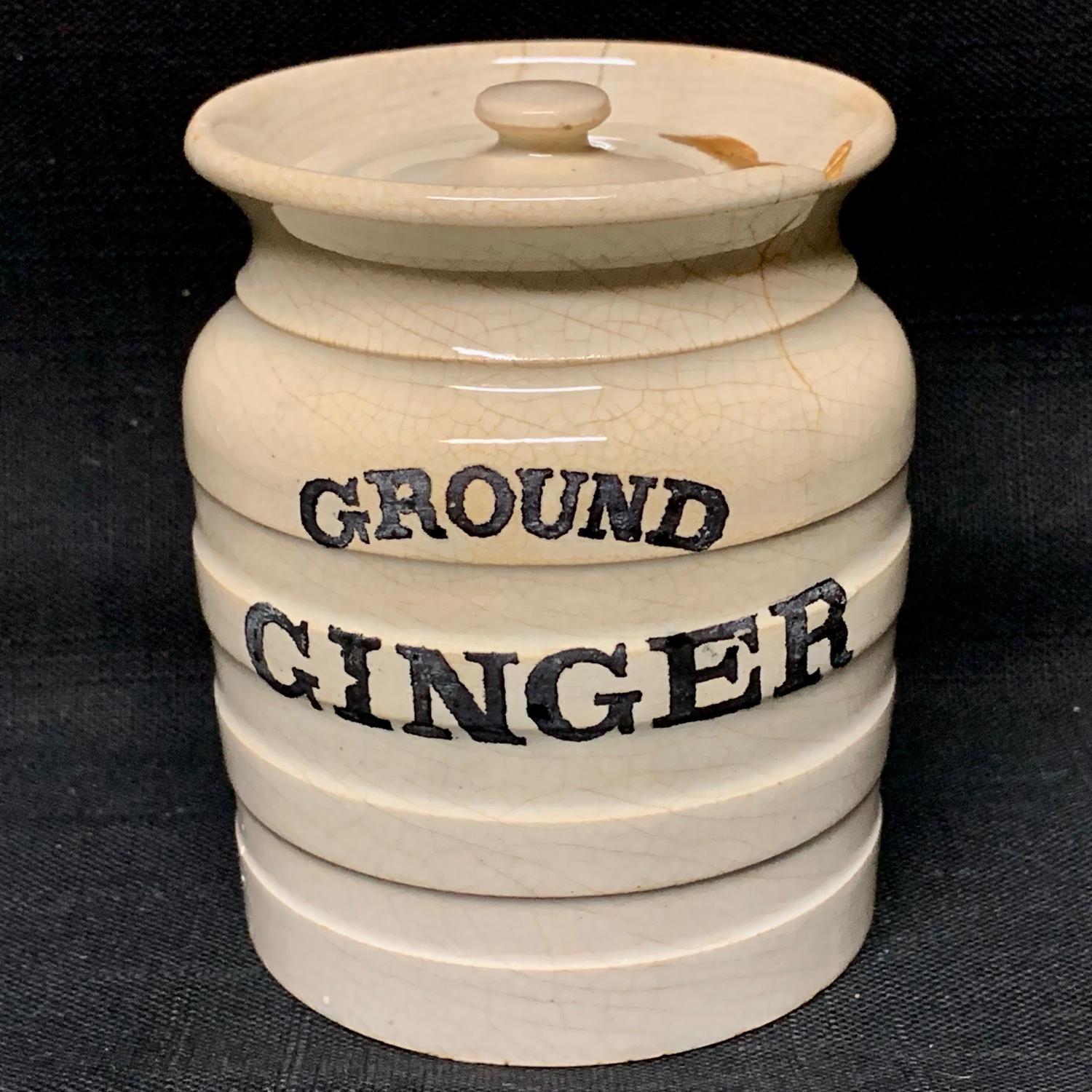 Edwardian White Banded Kitchen Storage Jar ~ Ground Ginger ~ c 1920