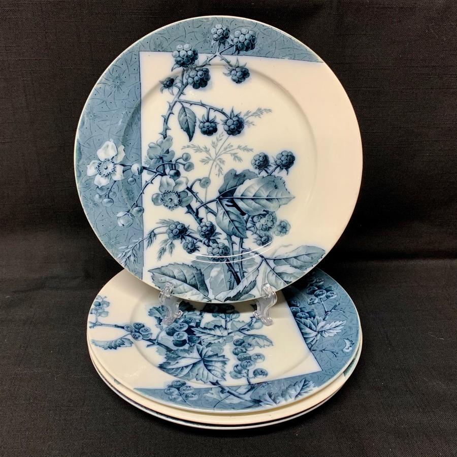 4 Mulberry Blue Transferware Botanical Fruit Plates  ~ 1884
