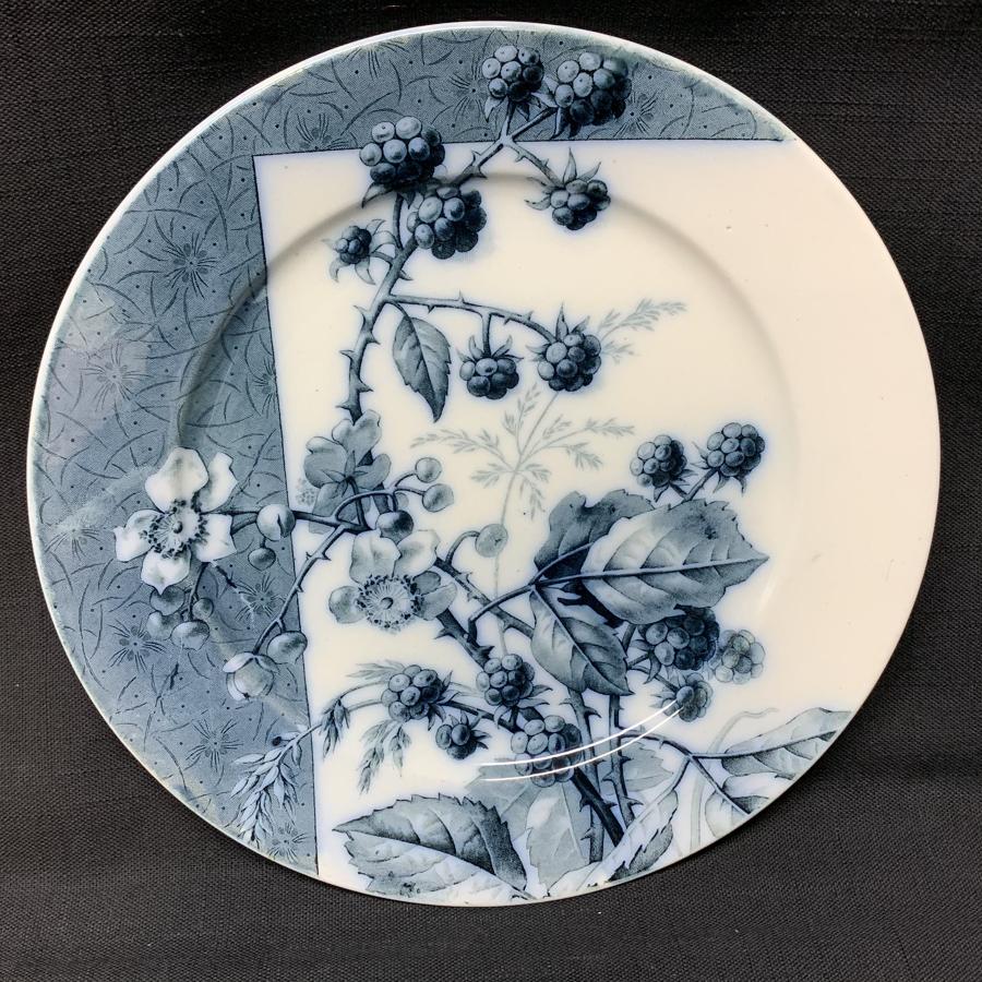 Mulberry Blue Transferware Botanical Fruit Plate  ~ 1884 ~ Raspberries