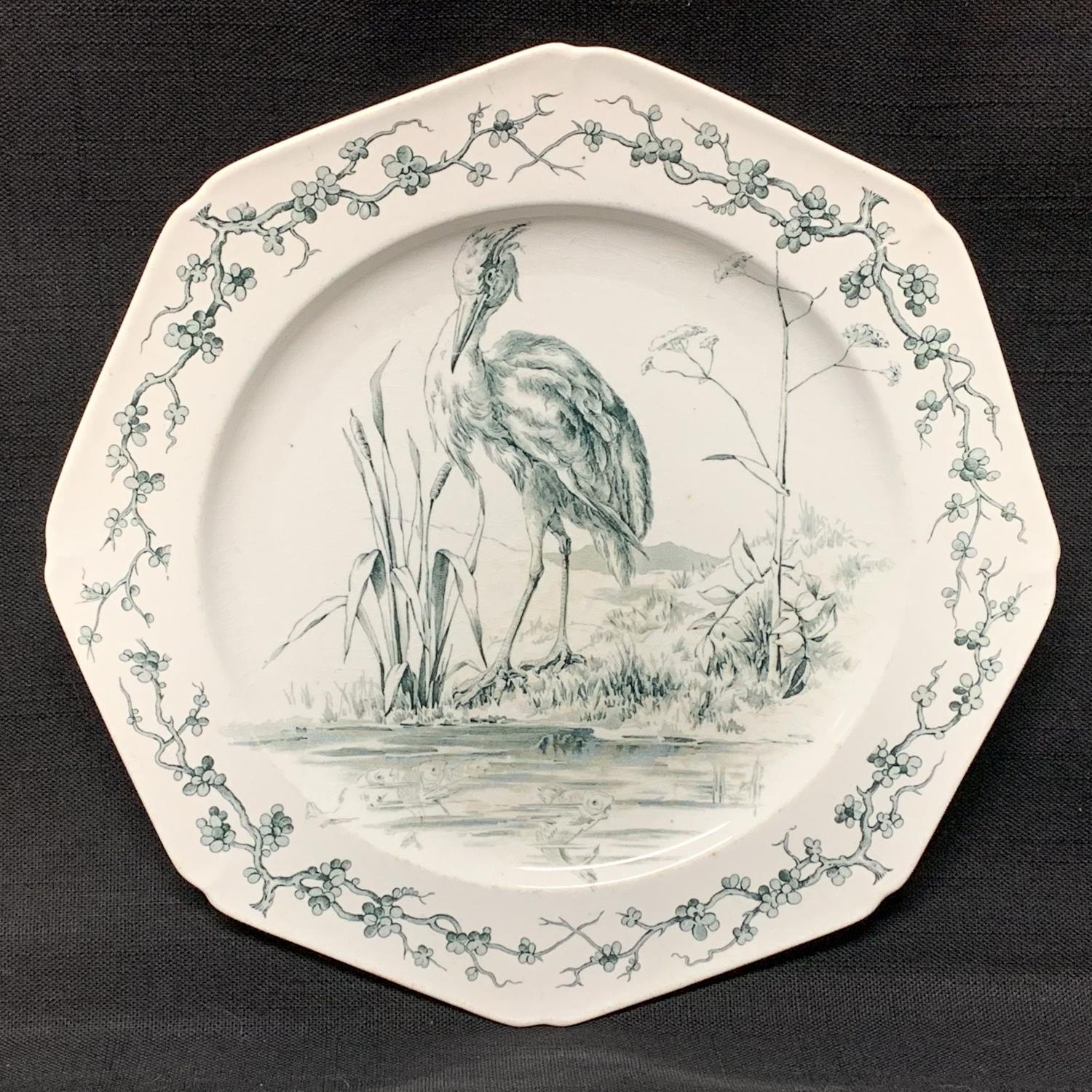 Rare Black Earthenware Fables Plate ! 1880 Cormorant and Fishes