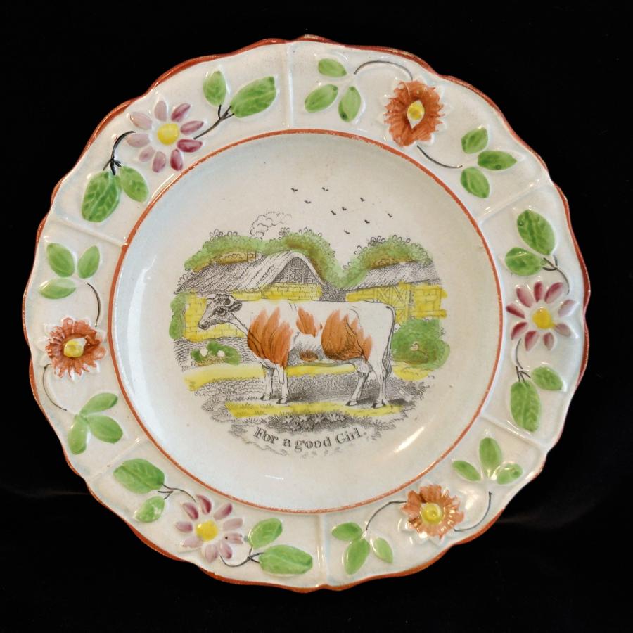 Pearlware Reward of Merit Plate for a Good Girl c1820 MILKING COW Staf