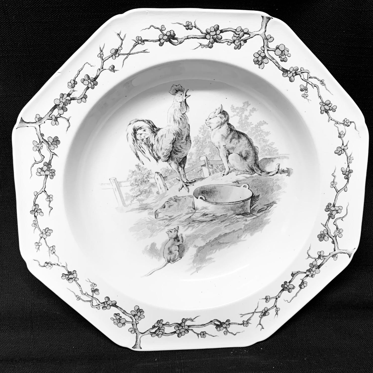 Grey Black Fontaine's Aesops Fables ~ Cat & Rooster Soup Plate 1880