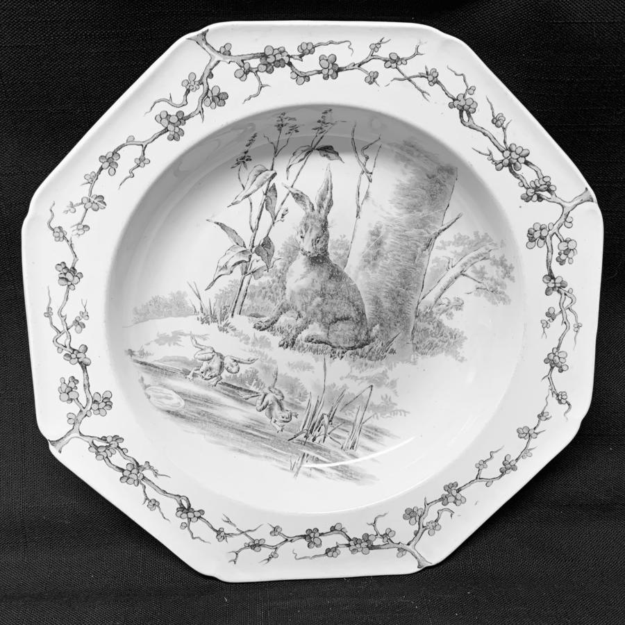 Grey Black Earthenware Fables Soup Plate ~ Hare and Frogs 1880