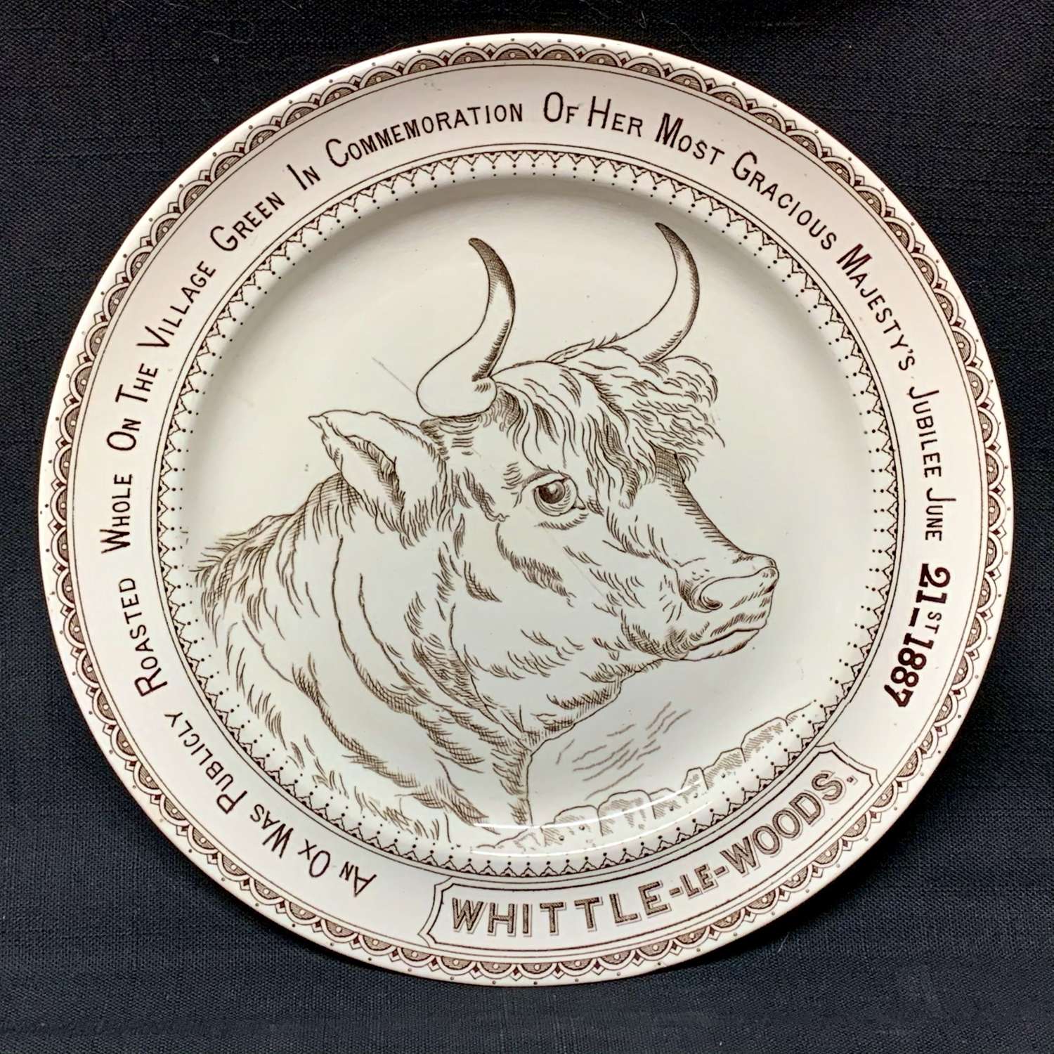 English Ironstone Adverting Plate Whittle-le-Woods ~ OX ROAST 1887