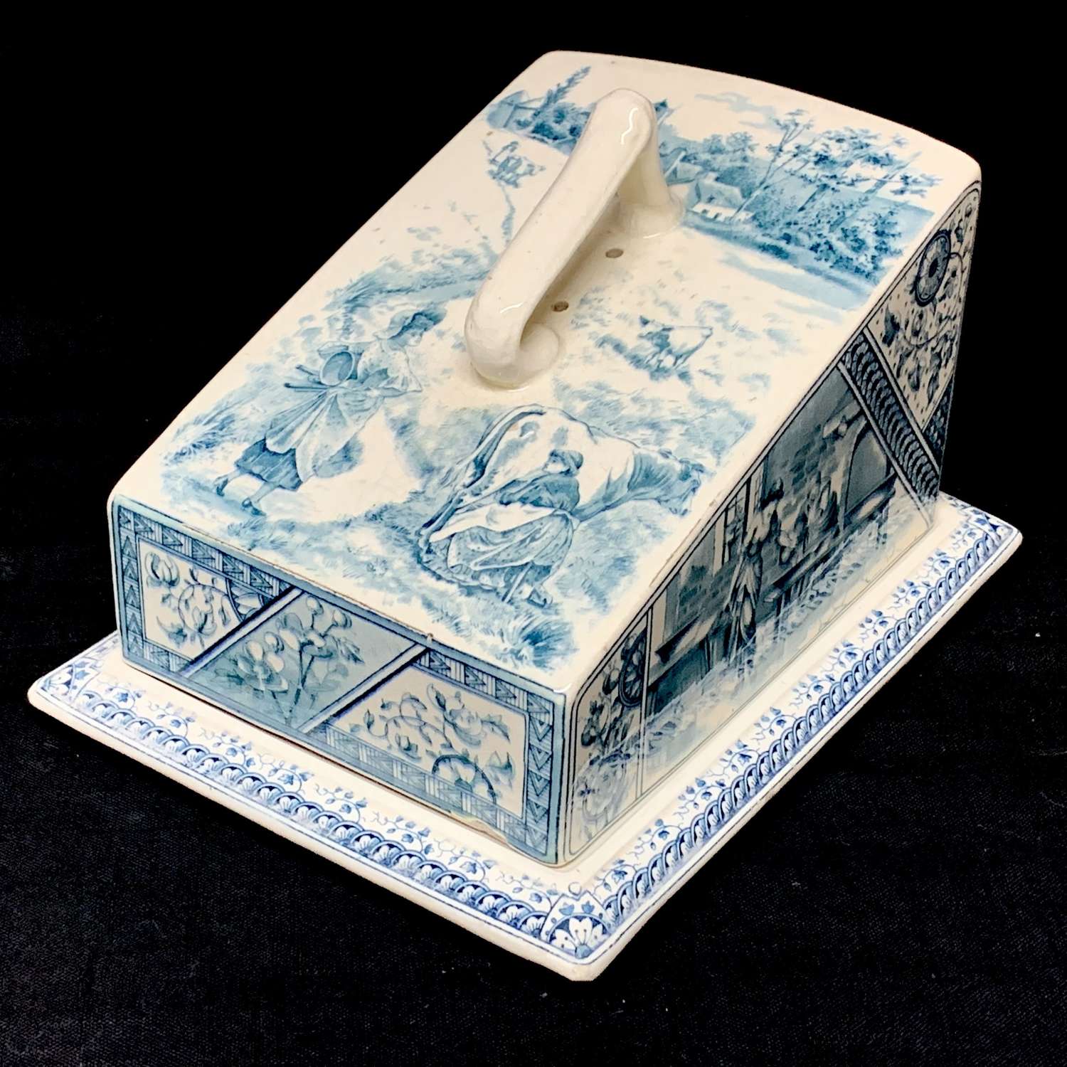 Antique English Blue Staffordshire Cheese Keep ~ MILKMAIDS 1889