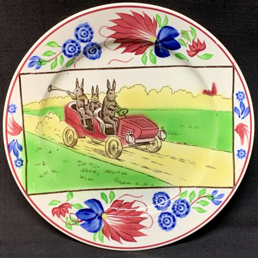 Stick Spatter Spongeware Rabbitware Rabbit Plate ~ Jalopy Car c 1900