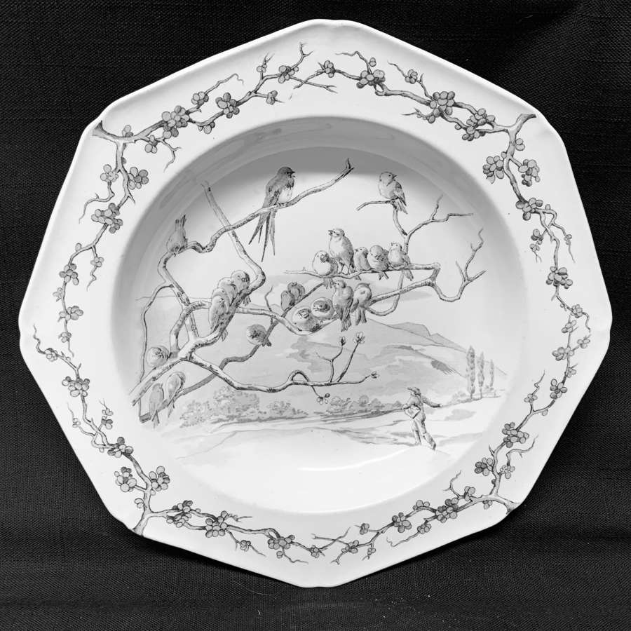 Grey Black Fontaine's Fables Farmer & Jackdaws Soup Plate 1880