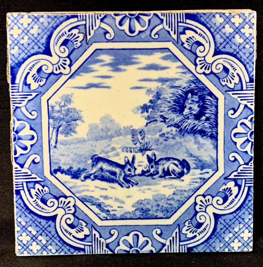 Minton & Hollins Tile ~ Aesop Fable ~ Rabbits and Fox ~ 1870