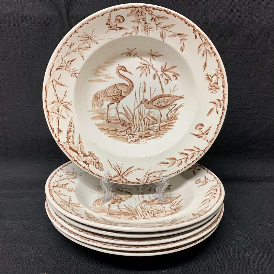 Six Exotic Birds INDUS Soup Plates Brown Transfer ~ 1885
