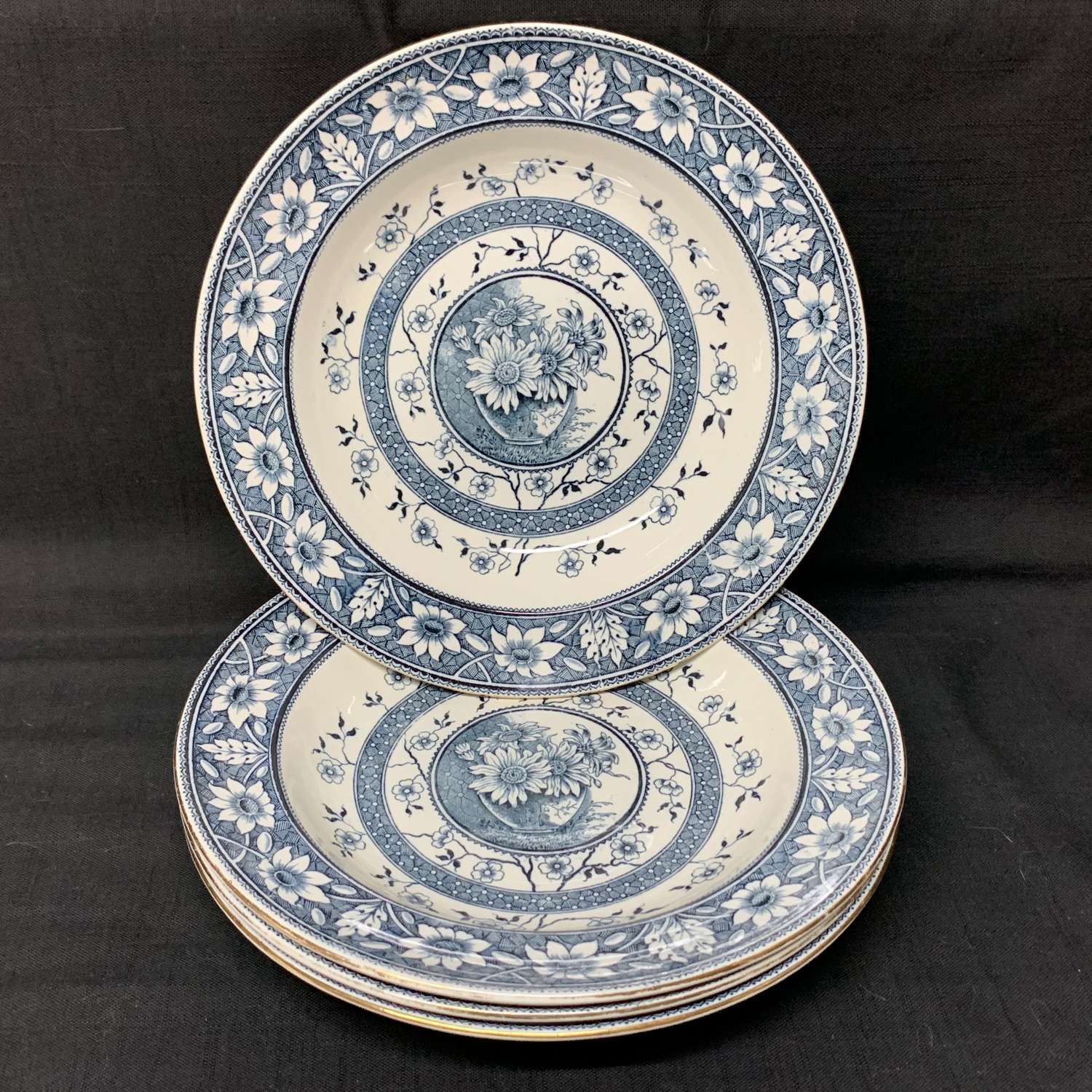 Four Palmyra Aesthetic Movement Blue Transferware Soup Plates ~ 1883