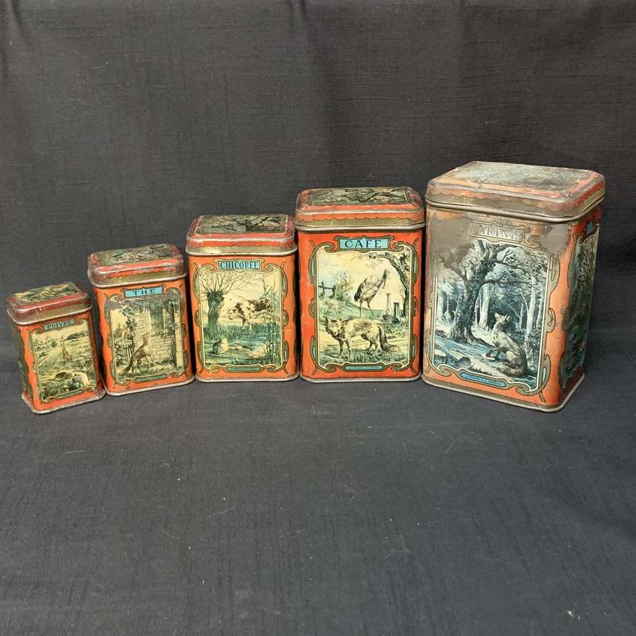 Nestled Set of 5 Early Fontaine Storage Tins ~ NURSERY RHYMES TALES