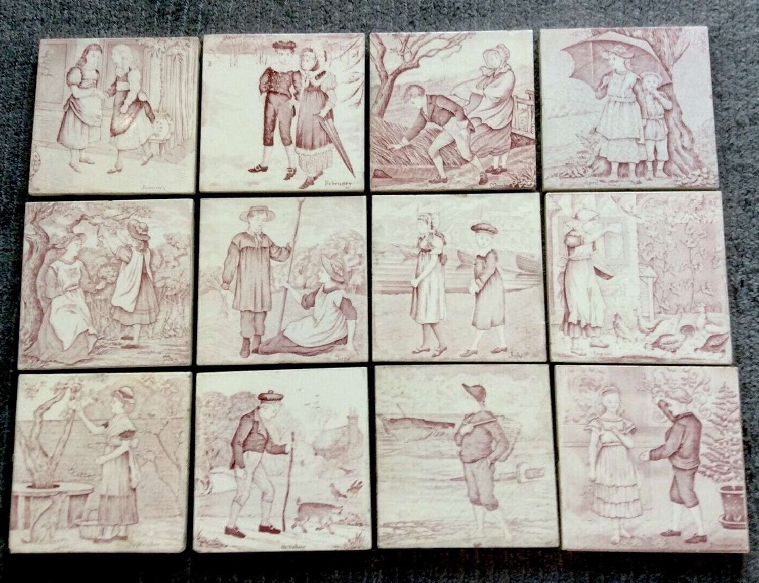 Complete Red/Pink Transfer Printed Wedgwood 12 Months Tiles ~ 1879