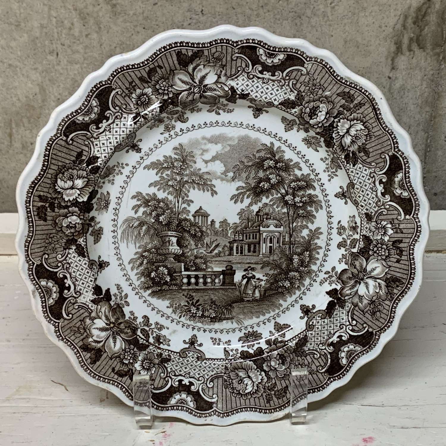 English Brown Staffordshire Plate ~ Parisian Chateau 1830