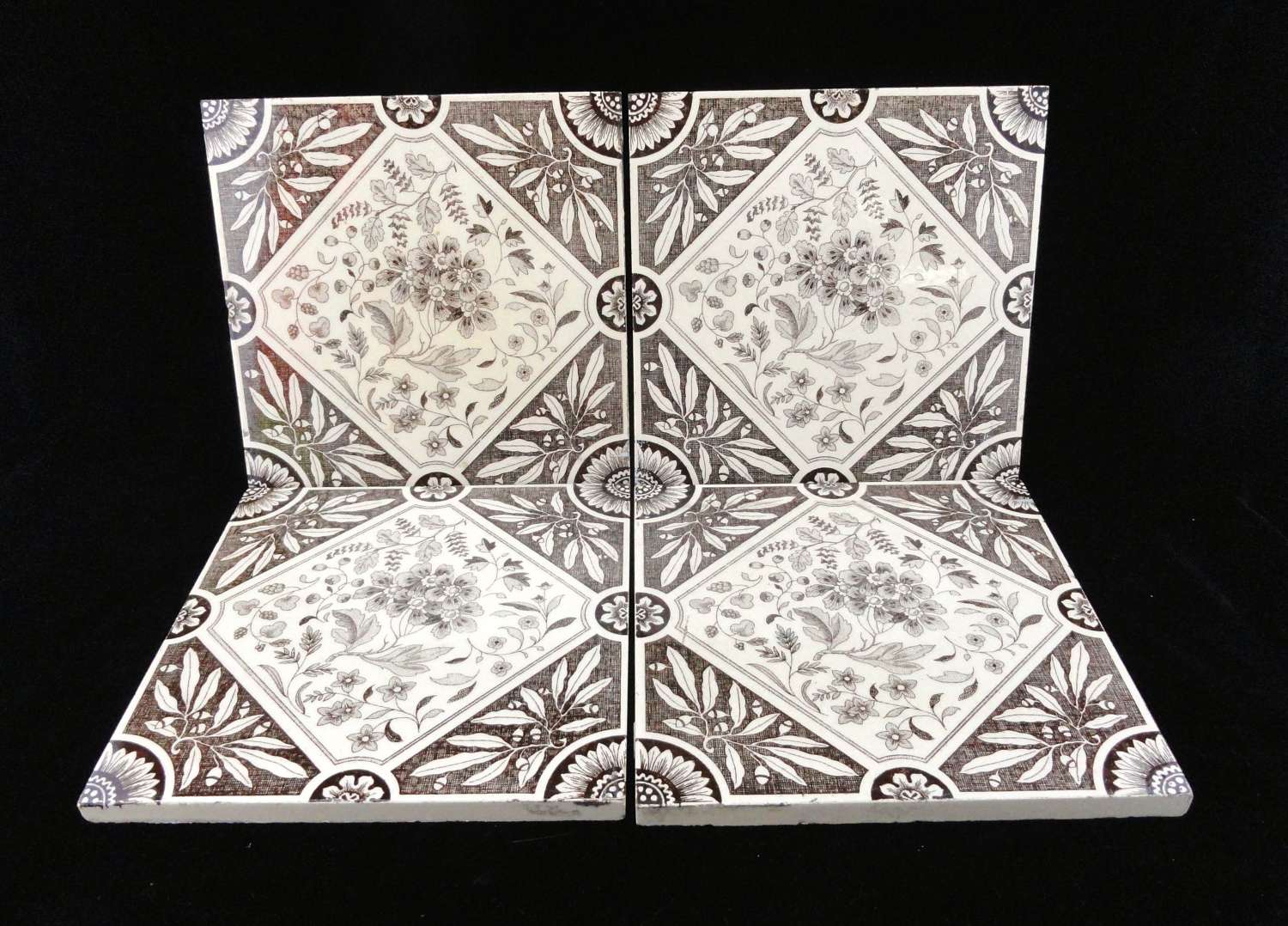 FOUR Rich Brown Transferware Tiles ~ 1885