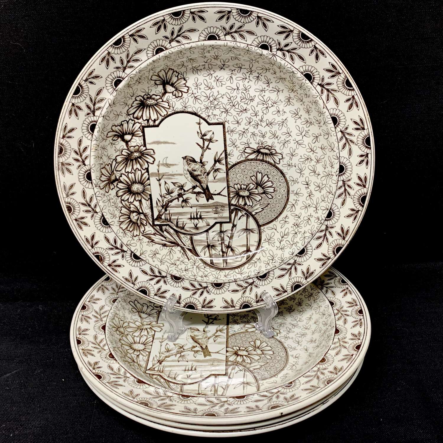 4 Antique Victorian Brown Transferware Soup Plates ~ DEVONSHIRE 1885