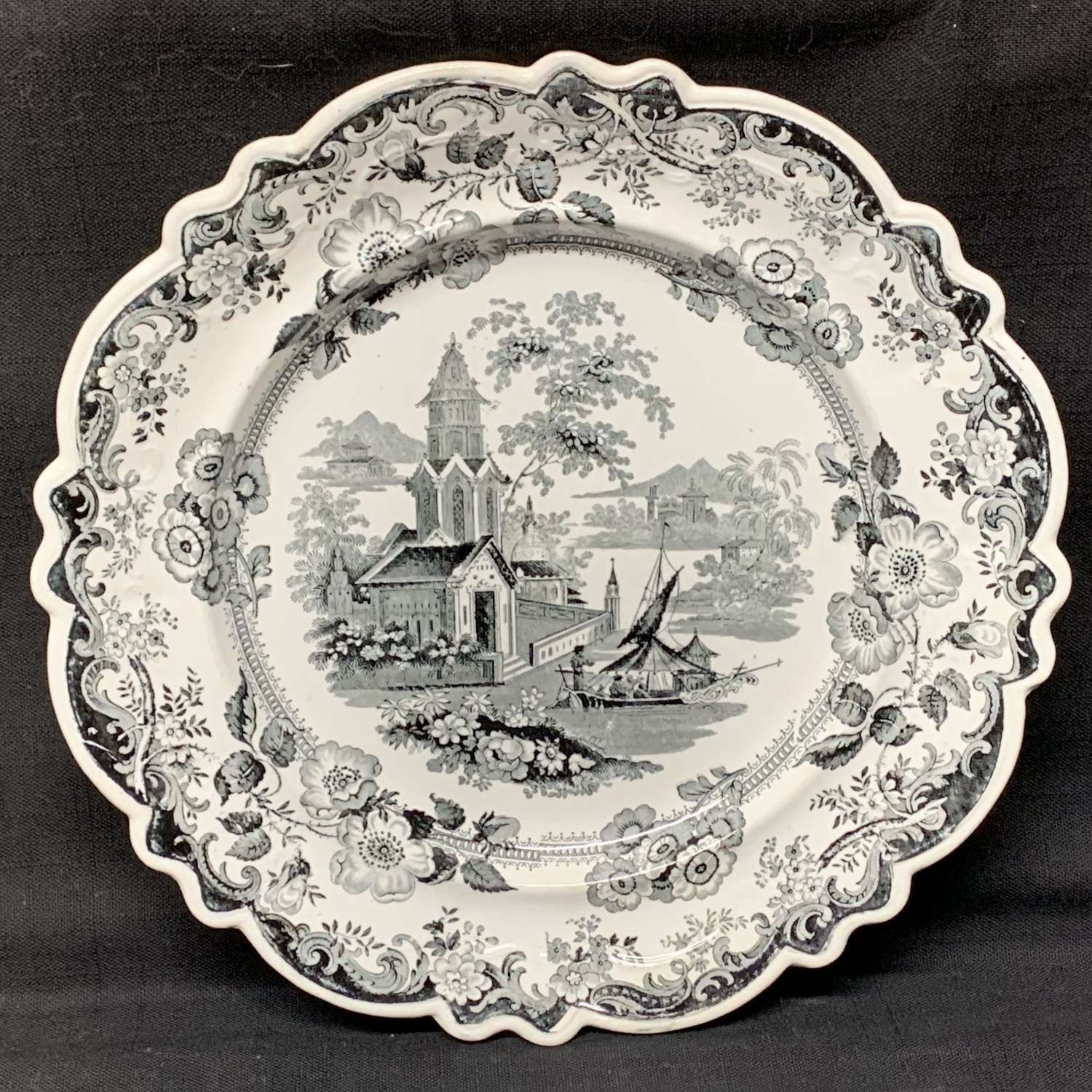 Victorian Romantic Black Transferware Plate ~ PRIORY 1835