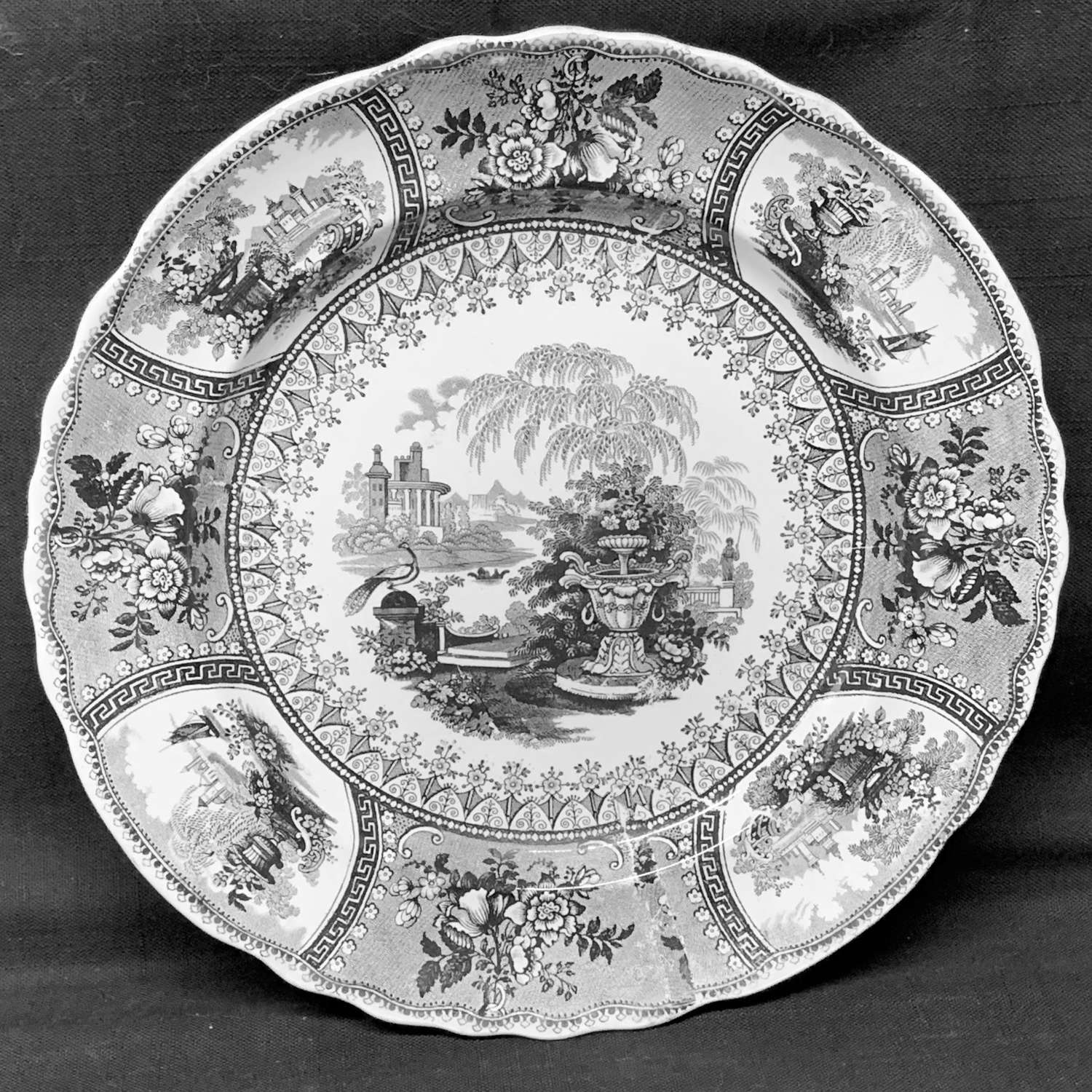 Victorian Romantic Black Transferware Plate ~ Peacock 1835