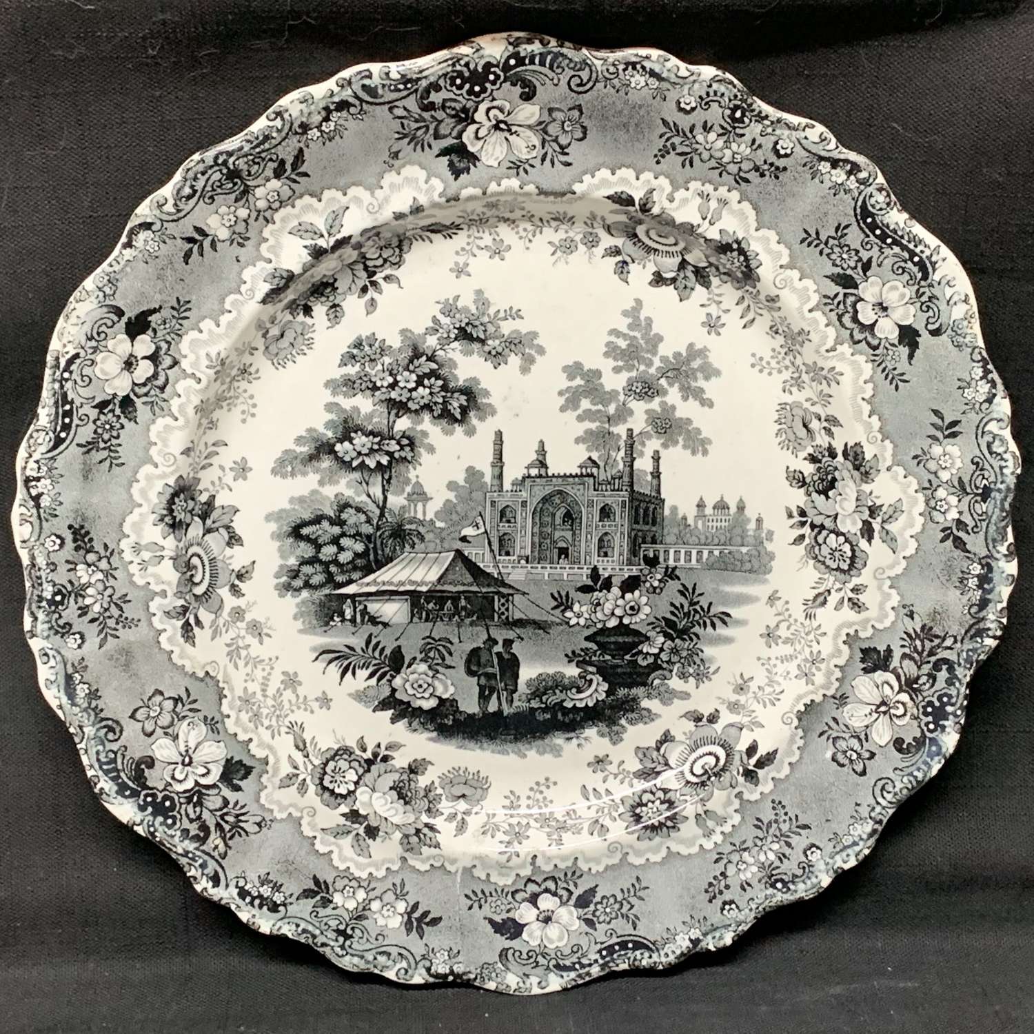 Victorian Romantic Black Transferware Plate ~ Asiatic Scenery 1835