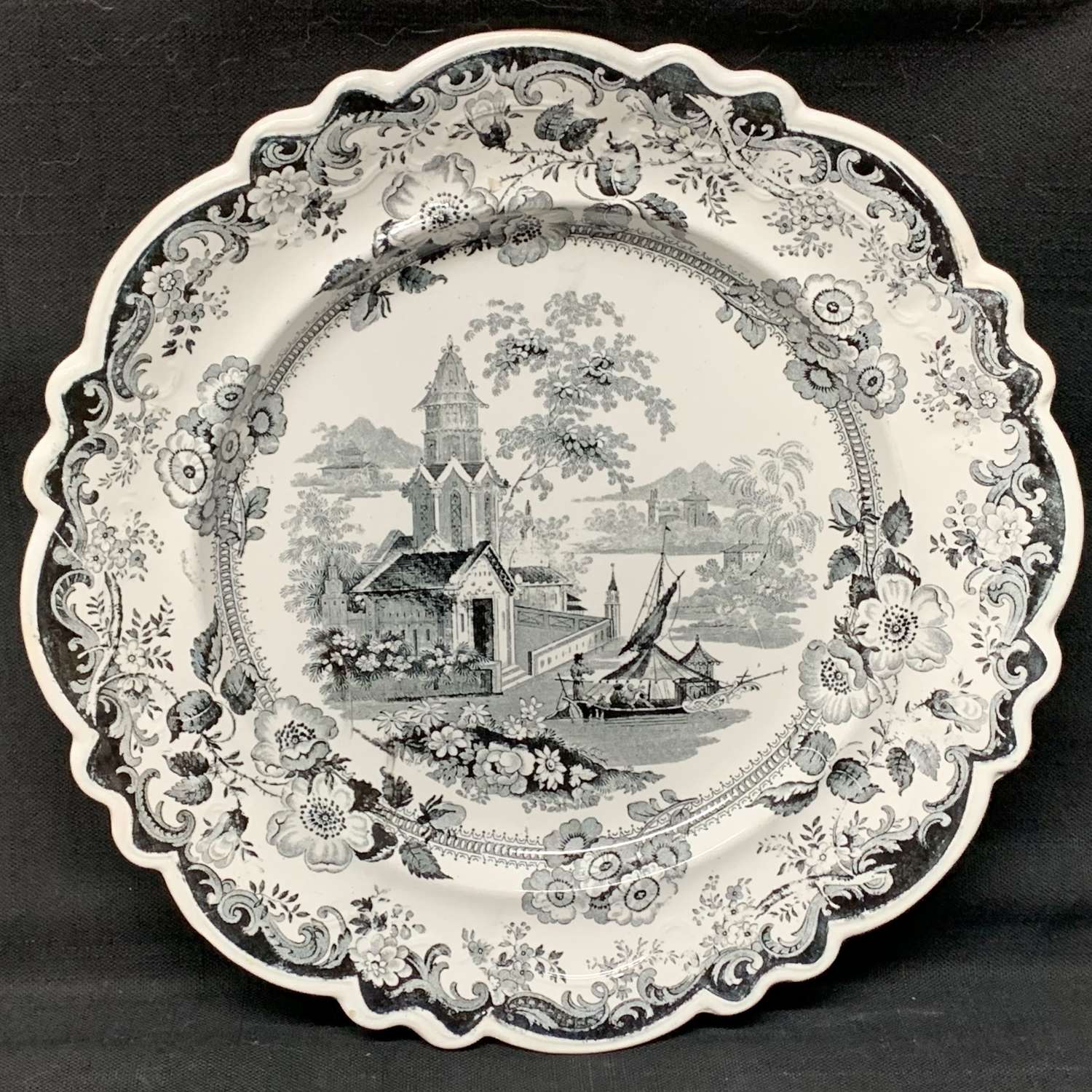 Victorian Romantic Black Transferware Plate ~ PRIORY 1835
