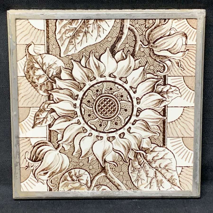 Superb Brown Transferware Tile ~ SUNFLOWER 1885