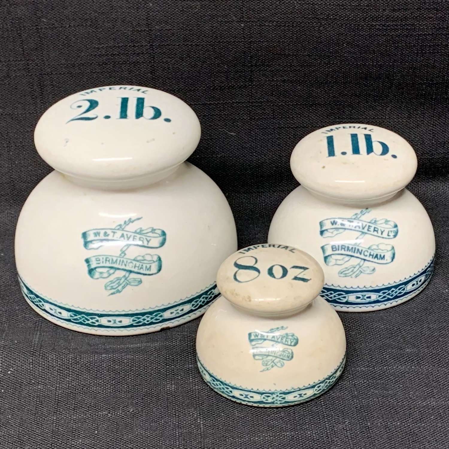 Set of 3 Victorian Ceramic Porcelain Scale Weights c1890