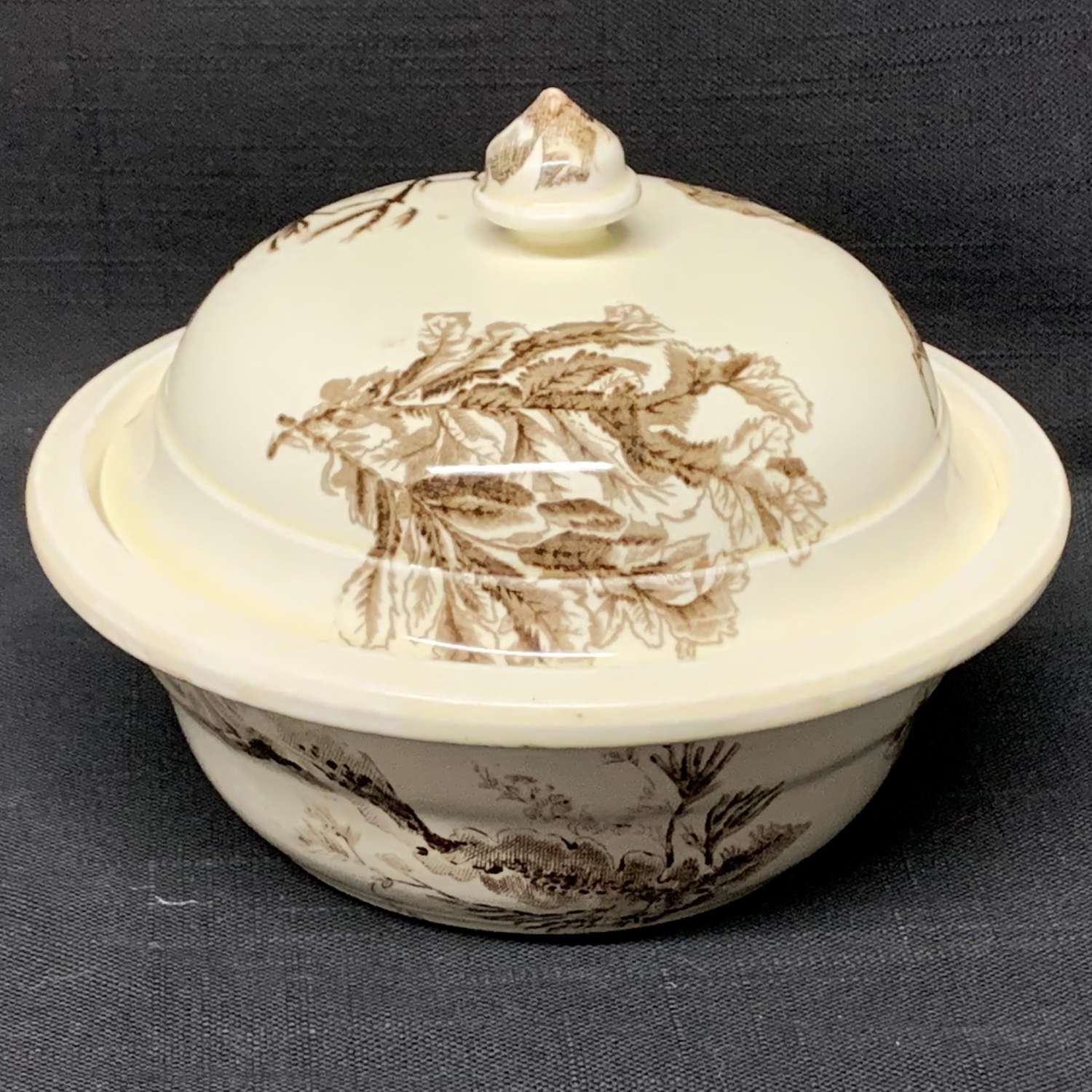 Brown Transferware Covered Butter or Cheese Pot ~ SEAWEED 1883