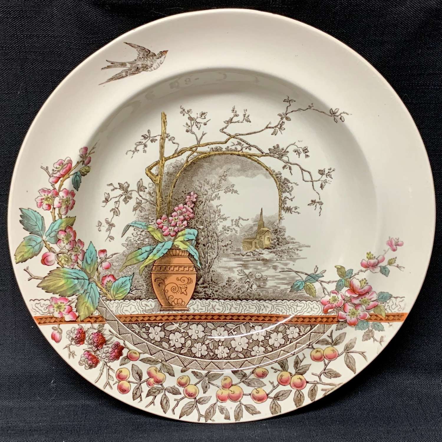 Polychrome BROWN TRANSFERWARE Bowl Plate ~ RUSTIC 1886