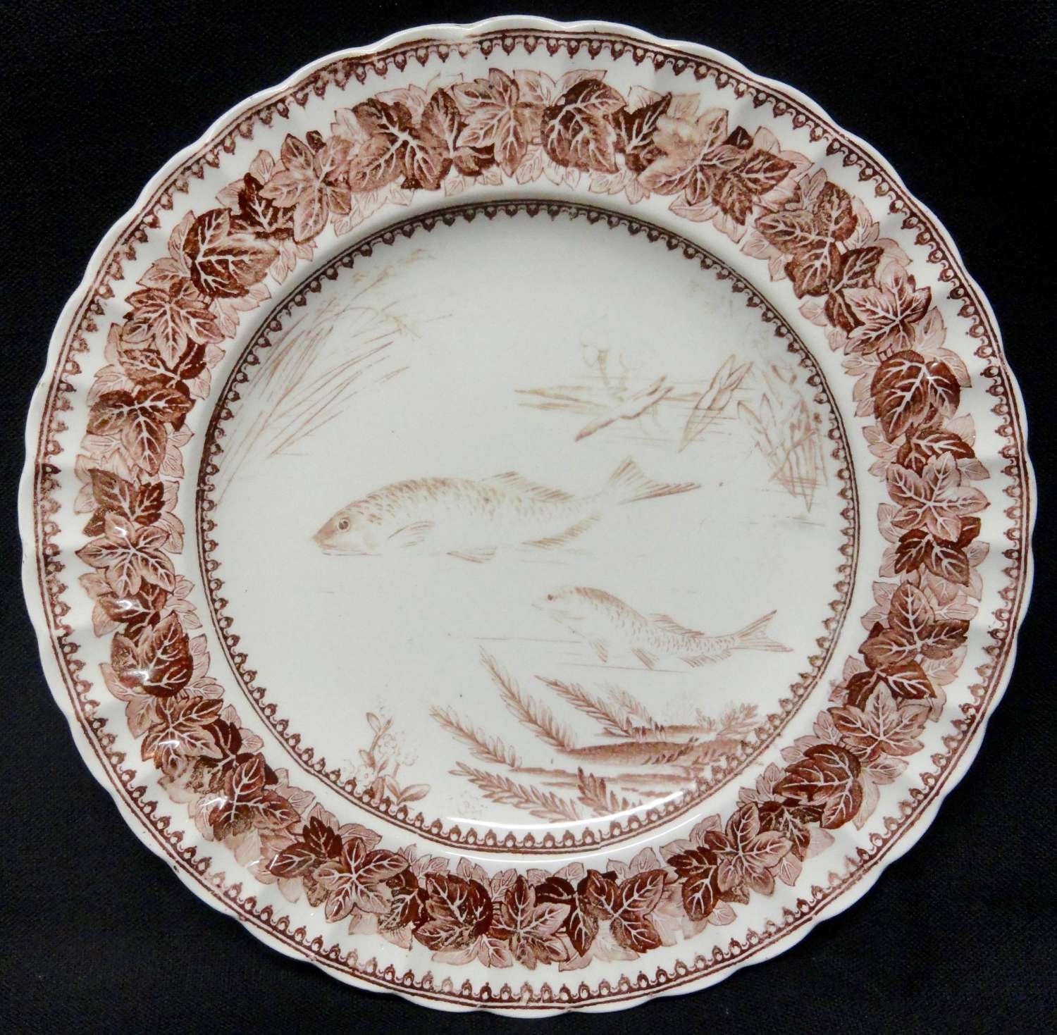 Ivy Leaf Copeland Brown Transfer Printed Plate ~ Fishes ~ 1883