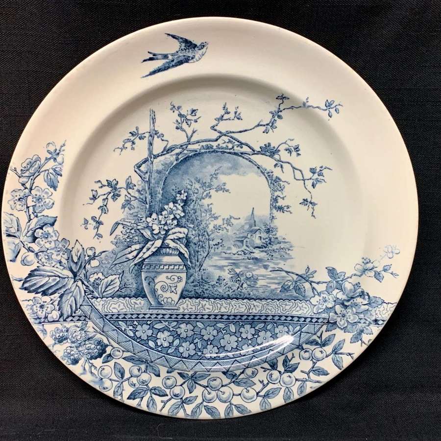 Blue Transferware Victorian Staffordshire Plate ~ Rustic 1886