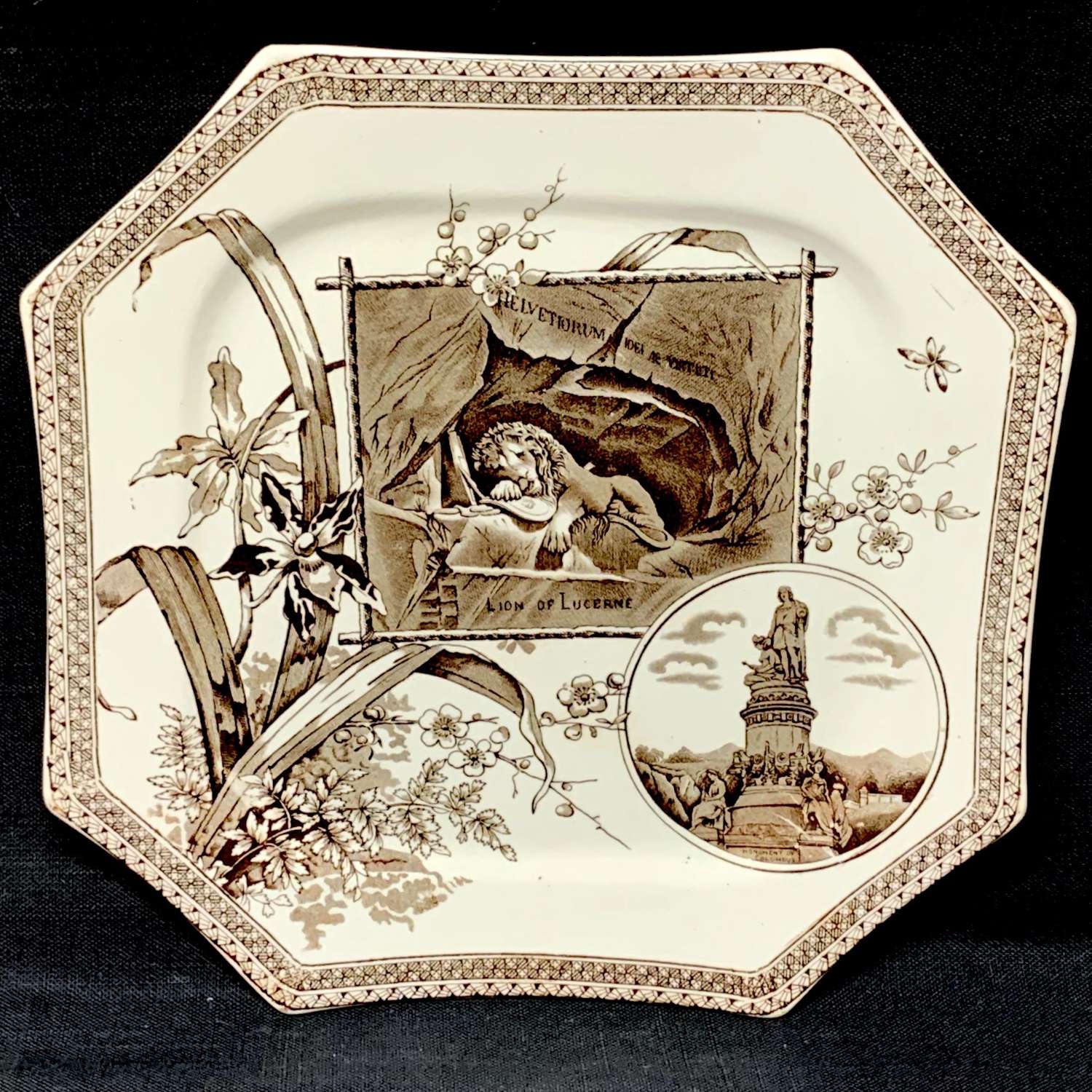 Victorian Brown Transferware Plate ~ Lion of Lucerne 1884