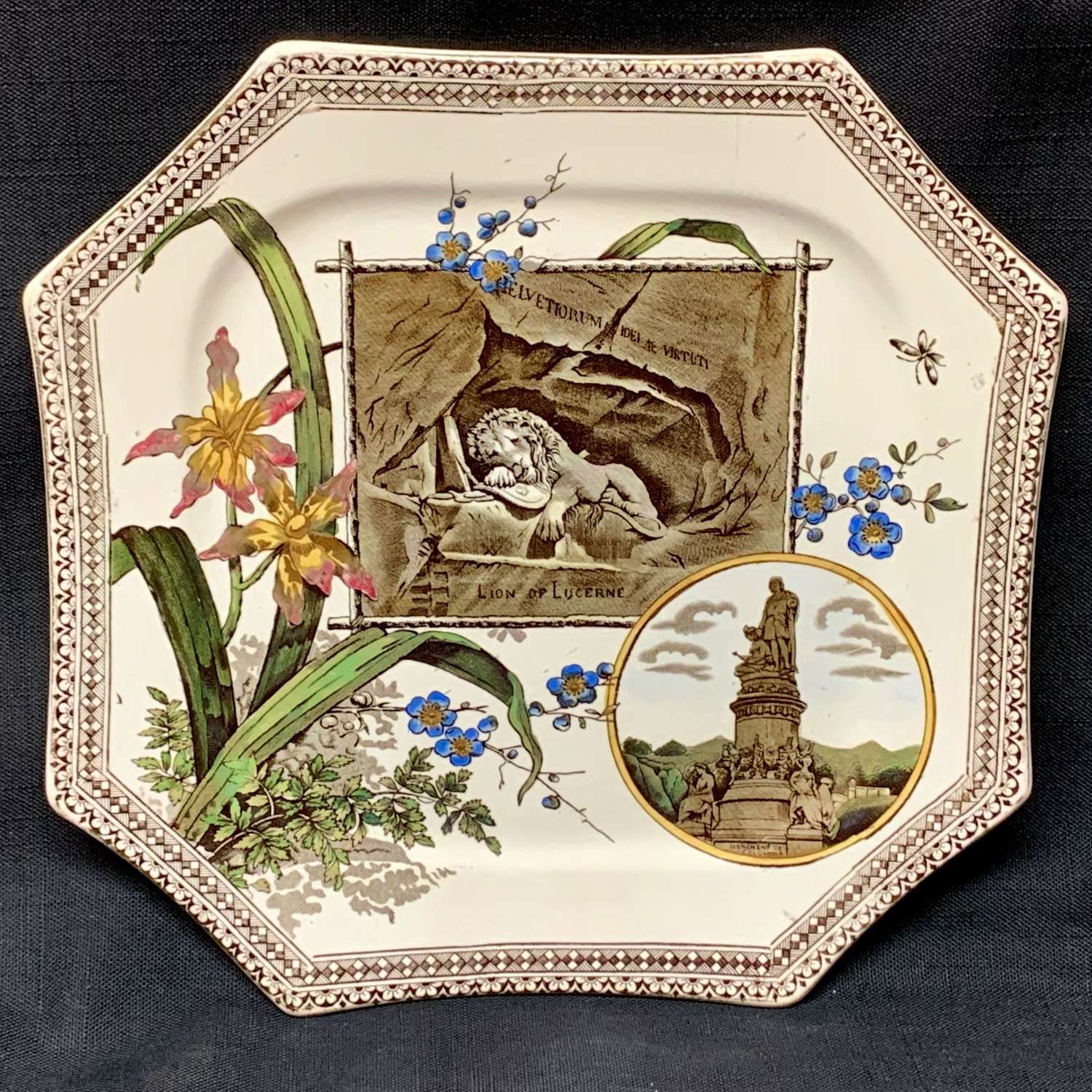 Victorian Polychrome Brown Transferware Plate ~ Lion of Lucerne 1884
