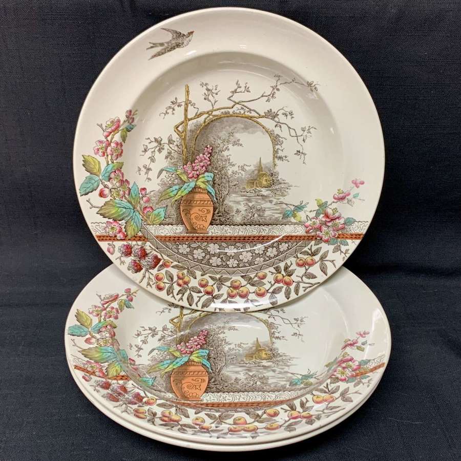 Three Polychrome BROWN TRANSFERWARE Bowl Plates ~ RUSTIC 1886
