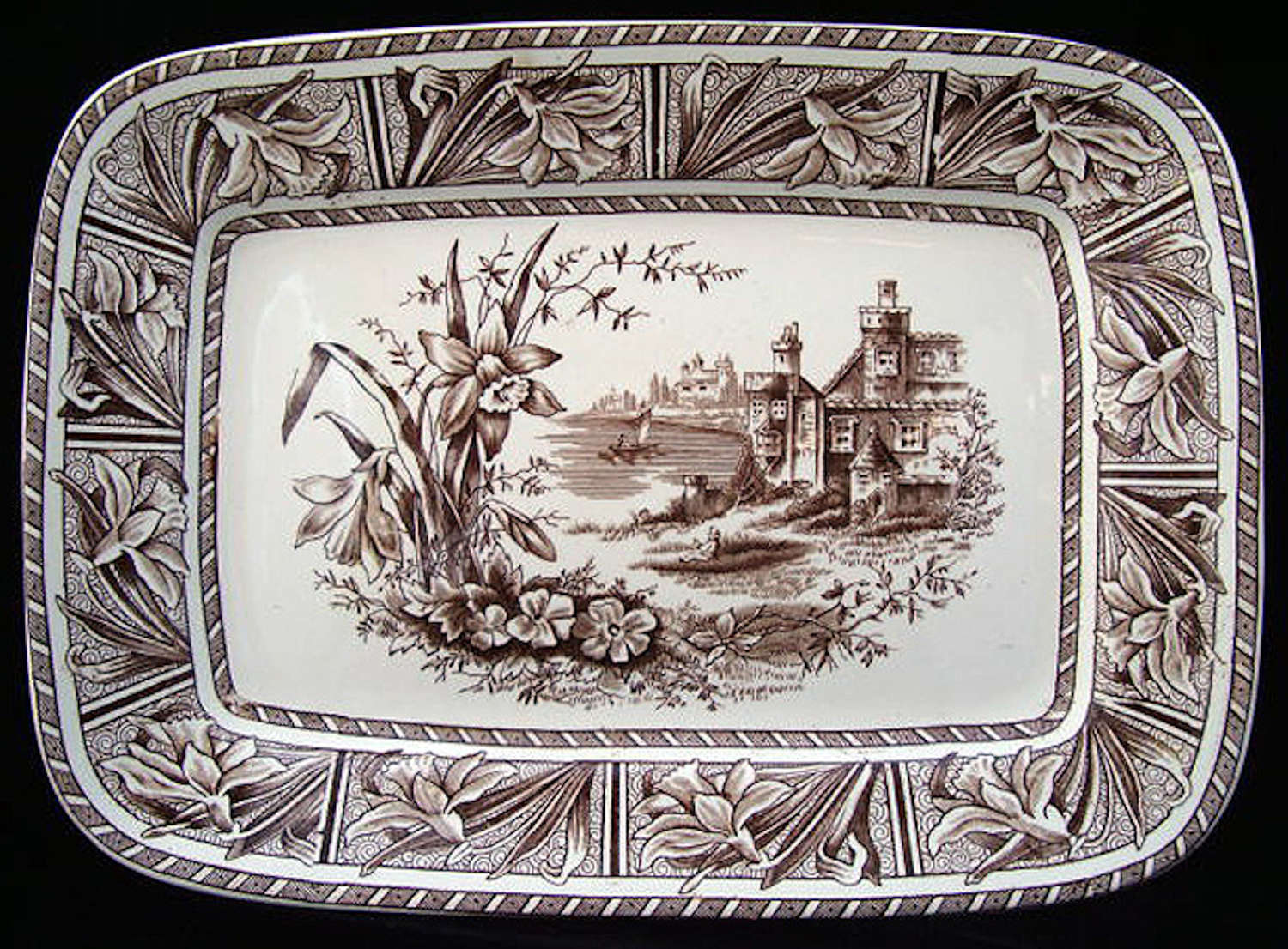 1882 ~ Brown Transferware Aesthetic Platter ~ DAFFODIL ~ Staffordshire